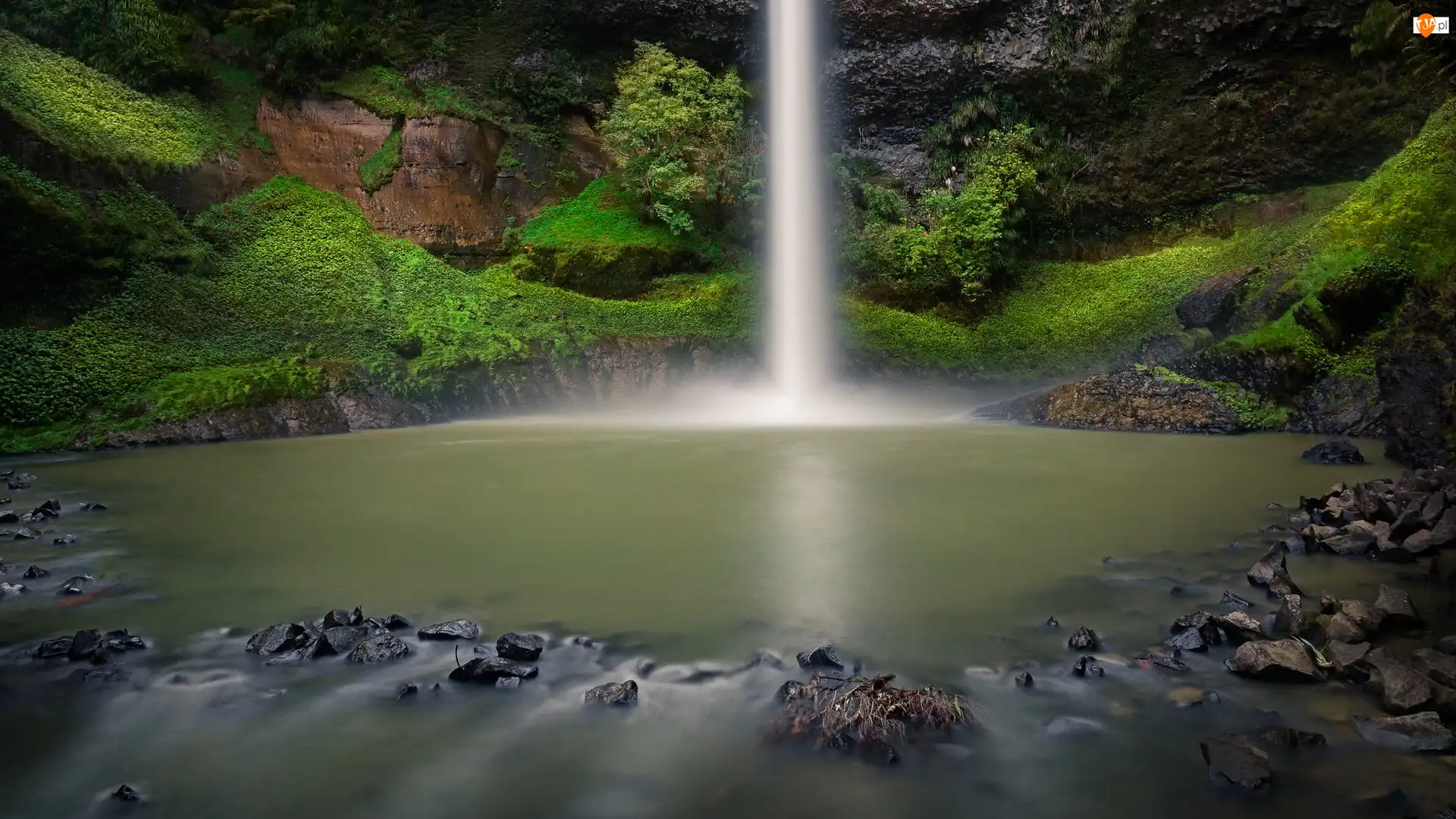 Pakoka River, Wodospad, Rośliny, Region Waikato, Bridal Veil Falls, Rzeka, Nowa Zelandia, Skały