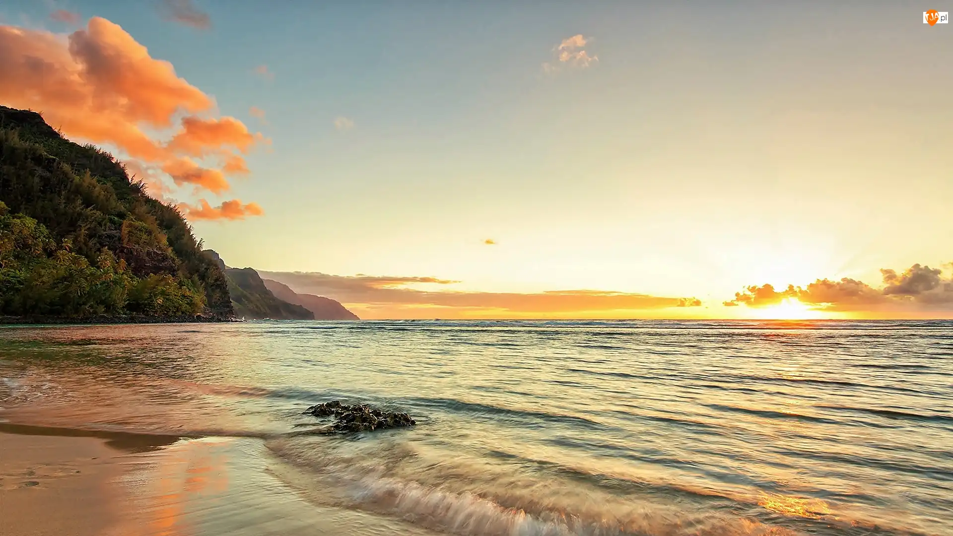 Plaża, Morze, Promienie, Hawaje, Kauai, Słońca