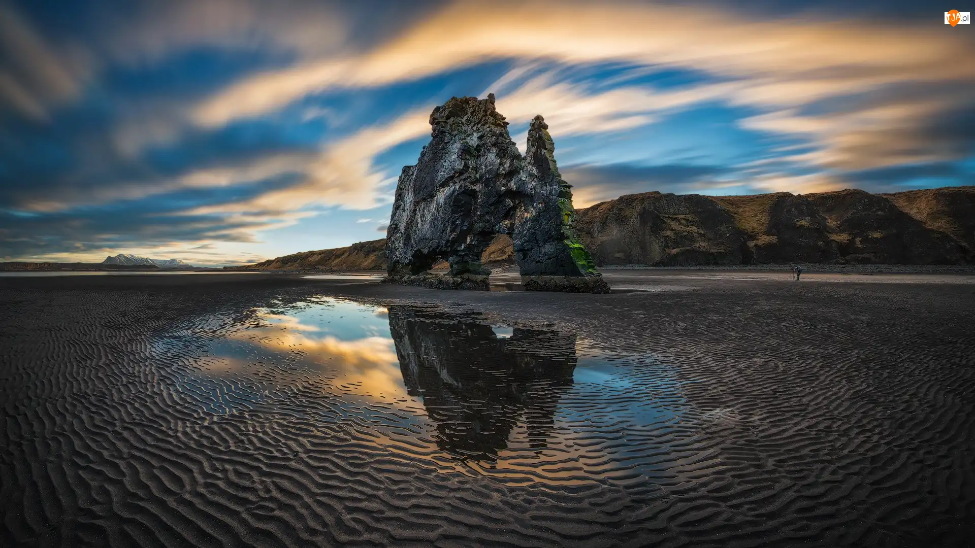 Plaża, Islandia, Wschód słońca, Skała Hvítserkur, Isafjordur