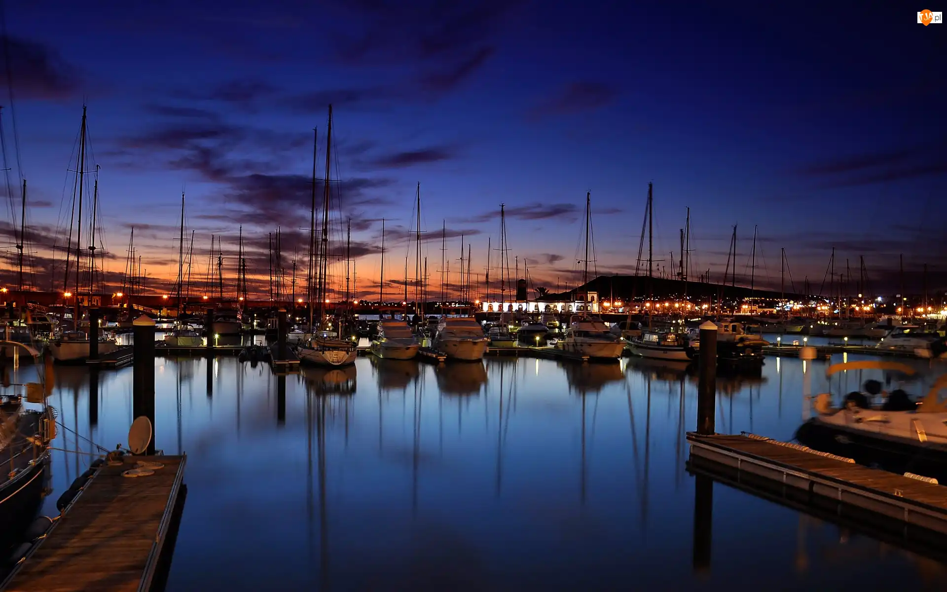 Żaglówki, Zachód słońca, Przystań, Port, Łodzie