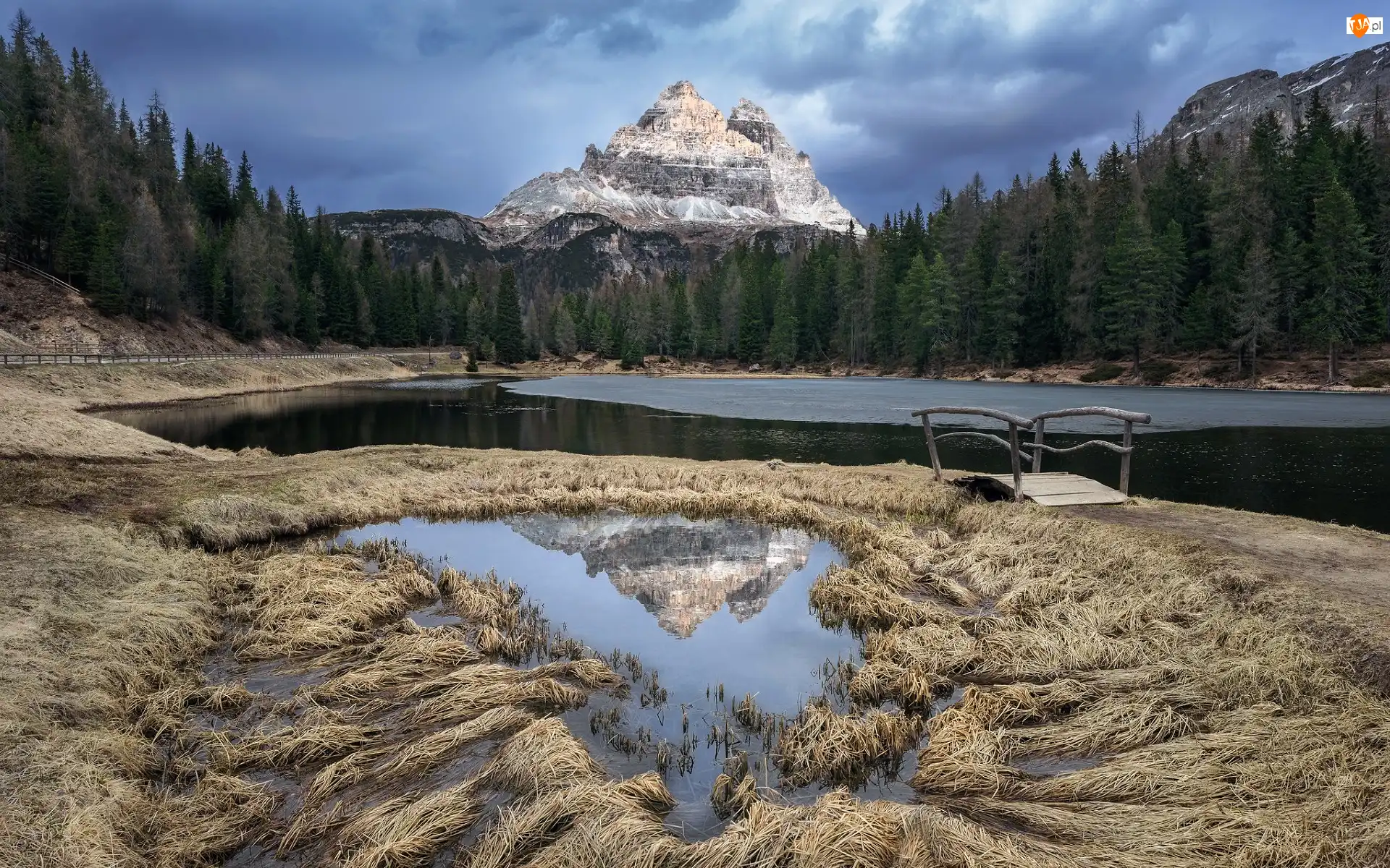 Mostek, Masyw, Tre Cime di Lavaredo, Dolomity, Prowincja Belluno, Włochy, Antorno Lake, Jezioro, Góry, Drzewa