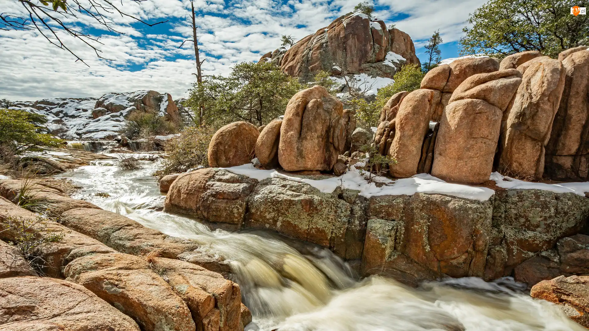 Prescott, Góry, Rzeka, Arizona, Skały, Śnieg, Stany Zjednoczone, Granite Dells