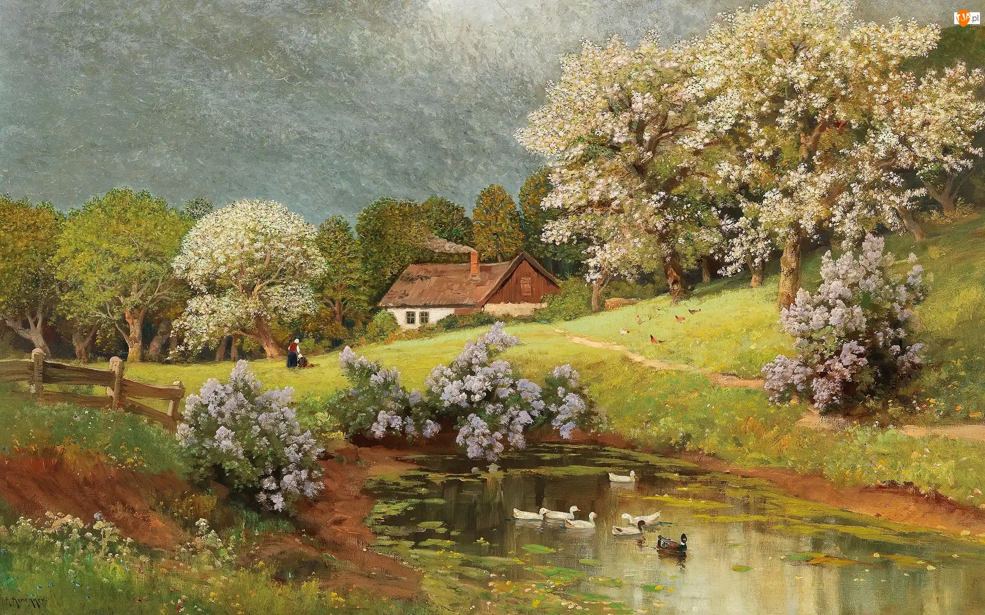 Drzewa, Alois Arnegger, Dom, Kury, Krzewy, Obraz, Wieś, Kaczki, Malarstwo, Wiosna, Staw, Bzy