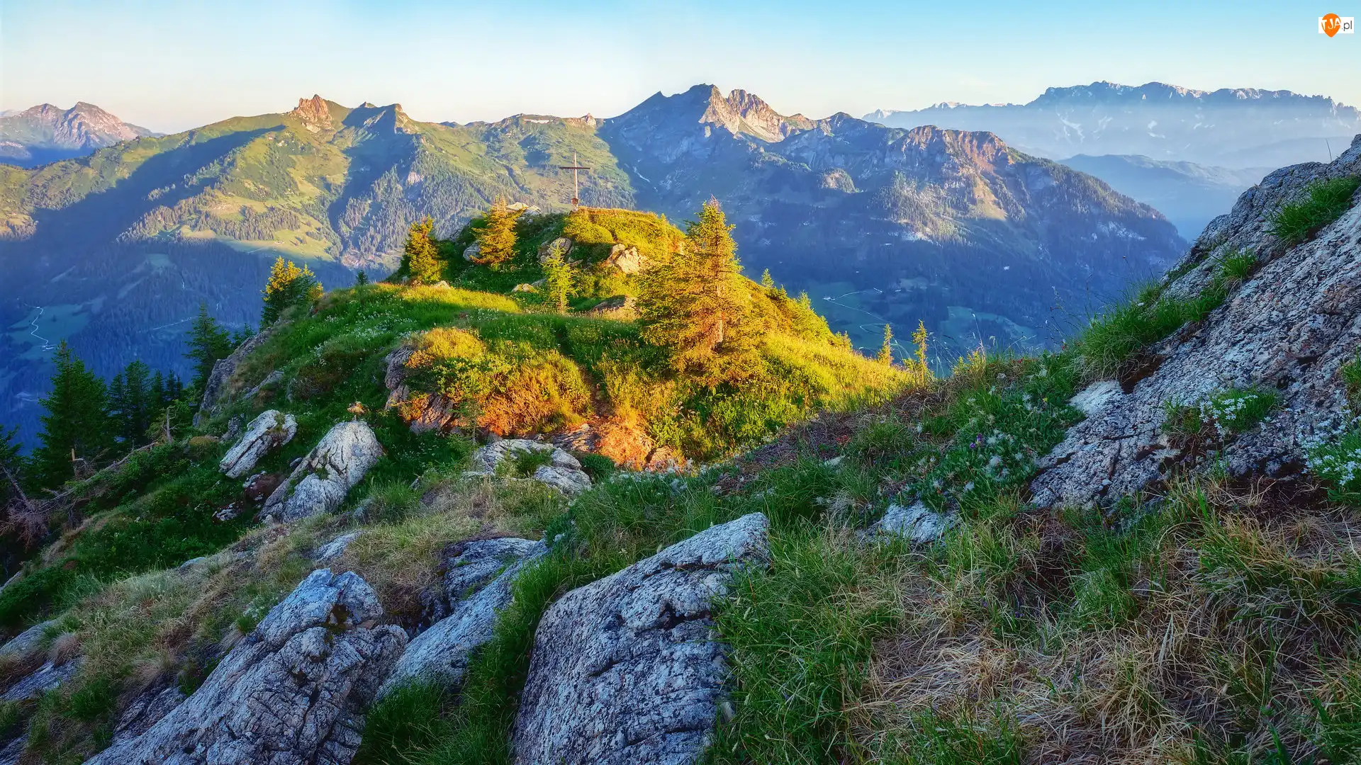 Drzewa, Góra Saukarkopf, Skały, Trawa, Góry, Krzyż, Austria, Niskie Taury