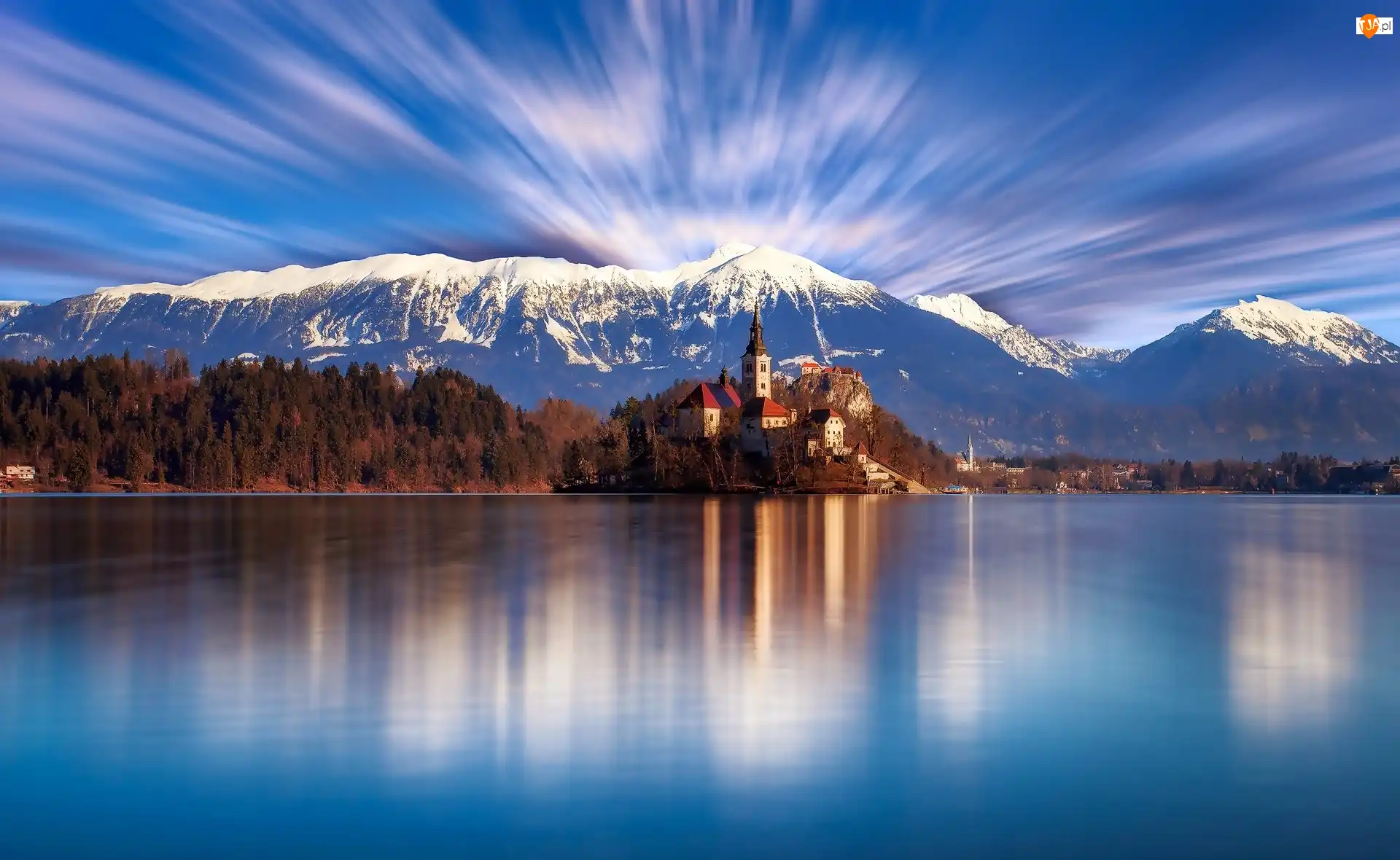 Jezioro, Słowenia, Góry, Kościół, Bled