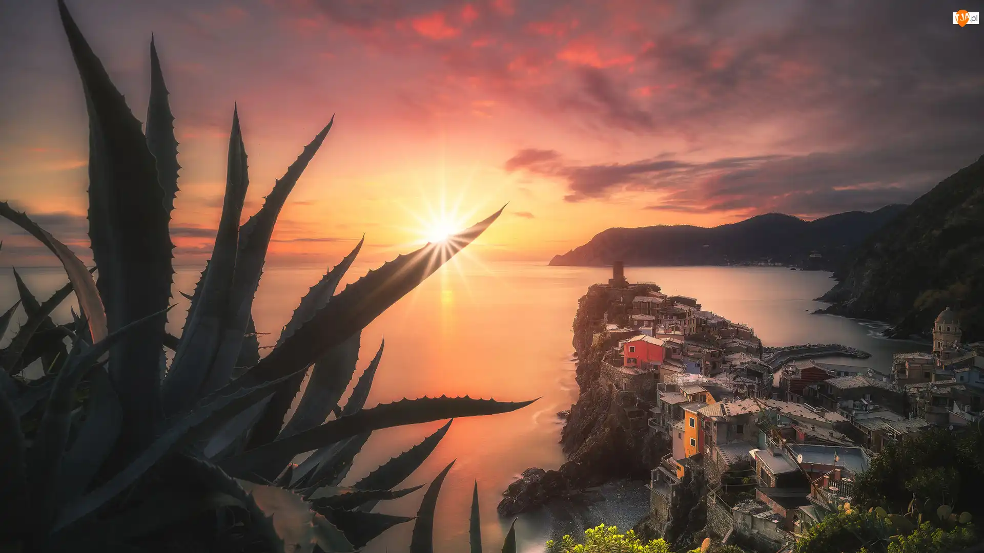 Cinque Terre, Vernazza, Rośliny, Włochy, Zachód słońca, Góry, Morze