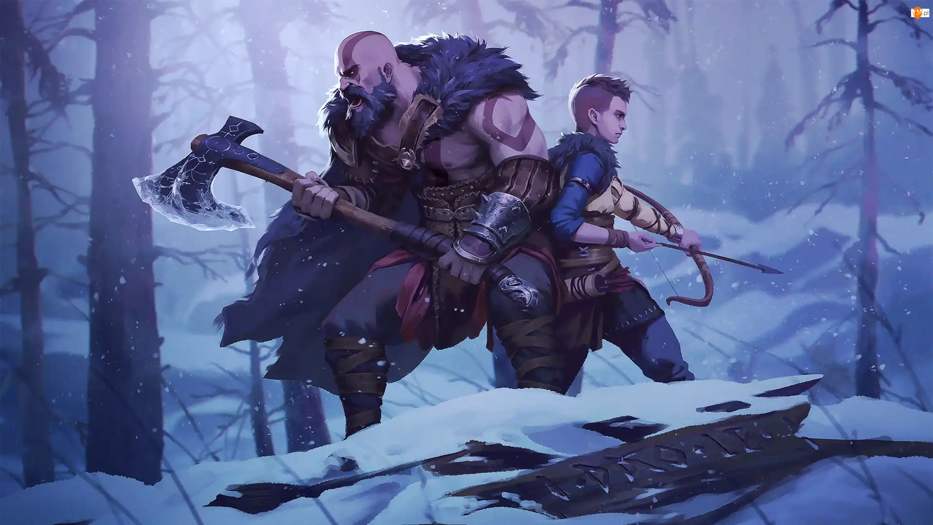 Zima, Postacie, Las, Łuk, Śnieg, Kratos, Atreus, God of War Ragnarok, Topór