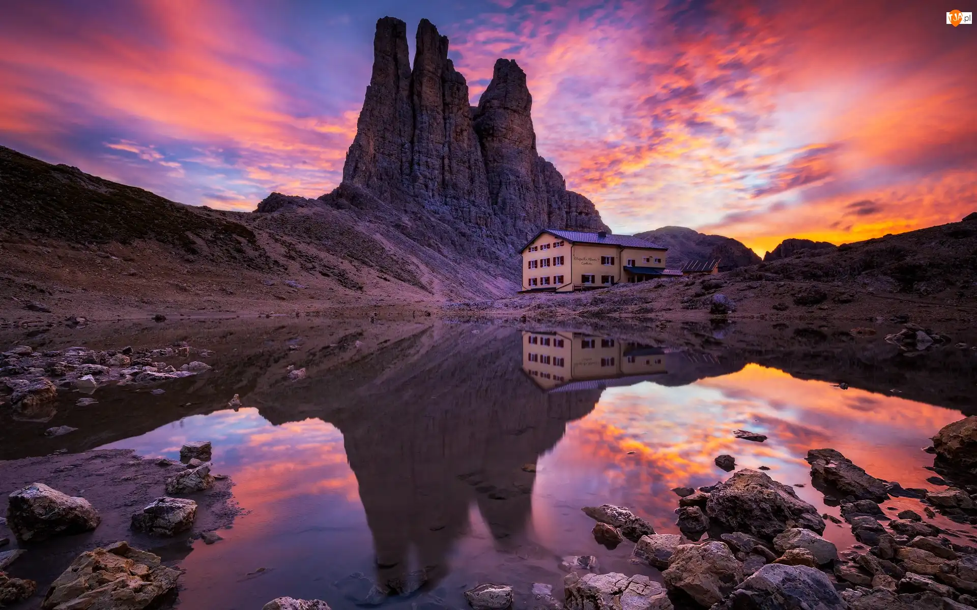 Masyw Rosengarten, Włochy, Szczyty, Schronisko, Południowy Tyrol, Vajolet Towers, Zachód słońca, Góry
