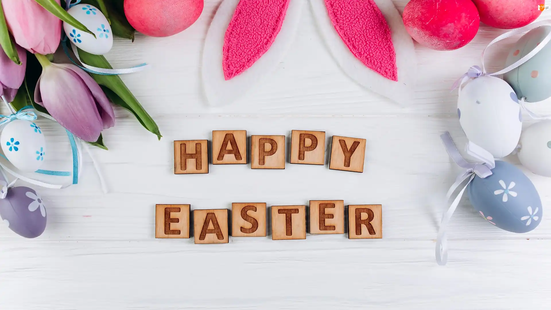 Napis, Happy Easter, Wielkanoc, Pisanki, Uszy, Dekoracja, Tulipany