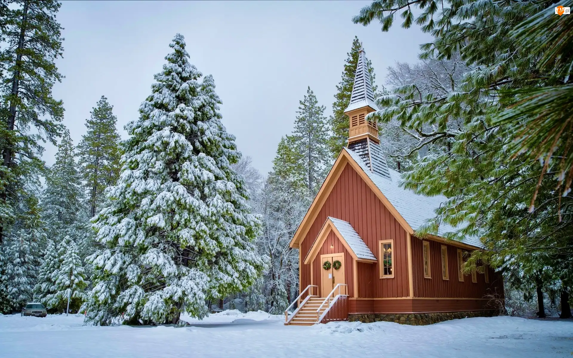 Kalifornia, Park Narodowy Yosemite, Zima, Stany Zjednoczone, Ośnieżone, Drzewa, Kościółek