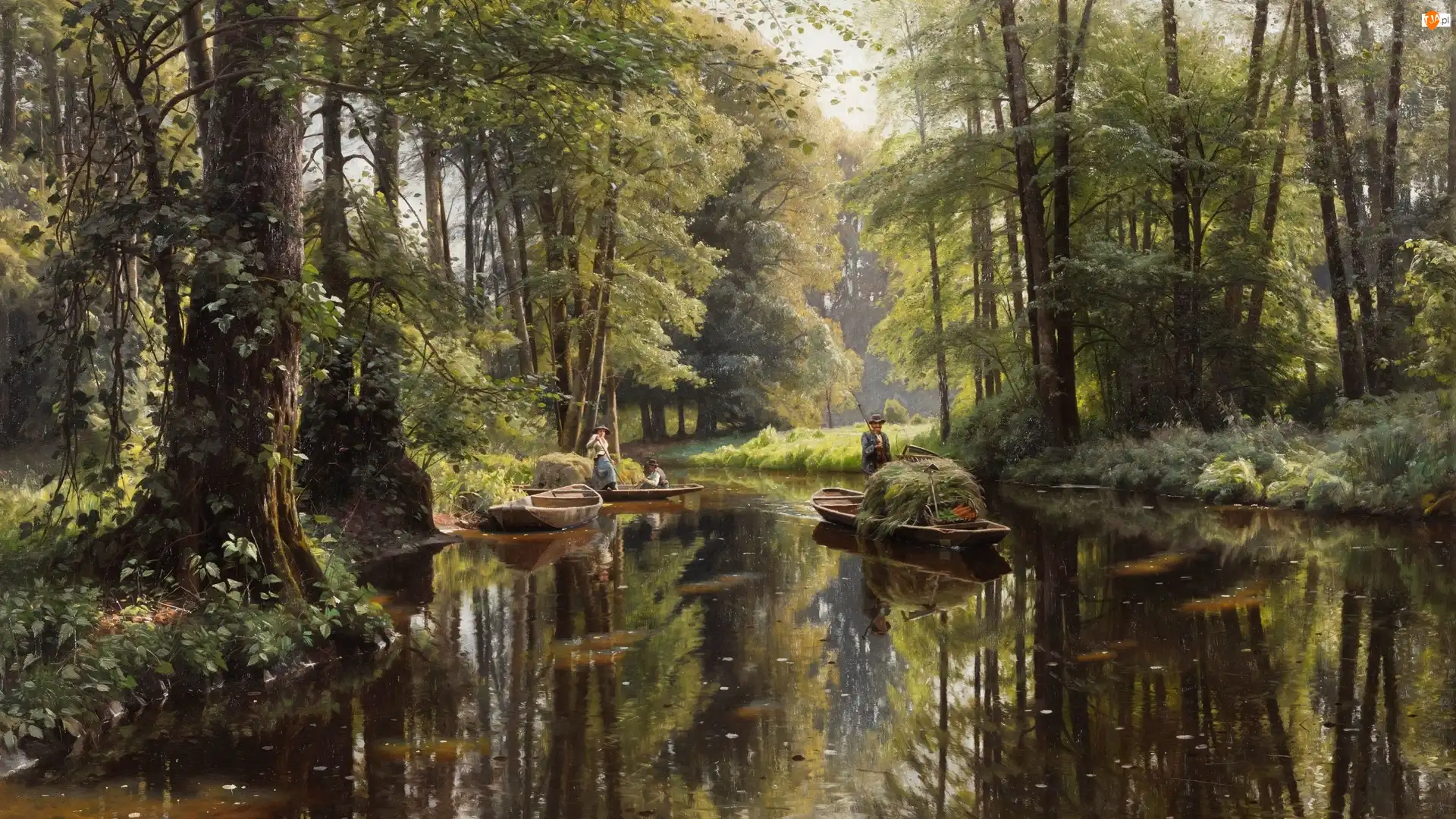 Szprewald 1913, Malarstwo, Łódki, Drzewa, Ludzie, Peder Monsted, Rzeka, Obraz, Las