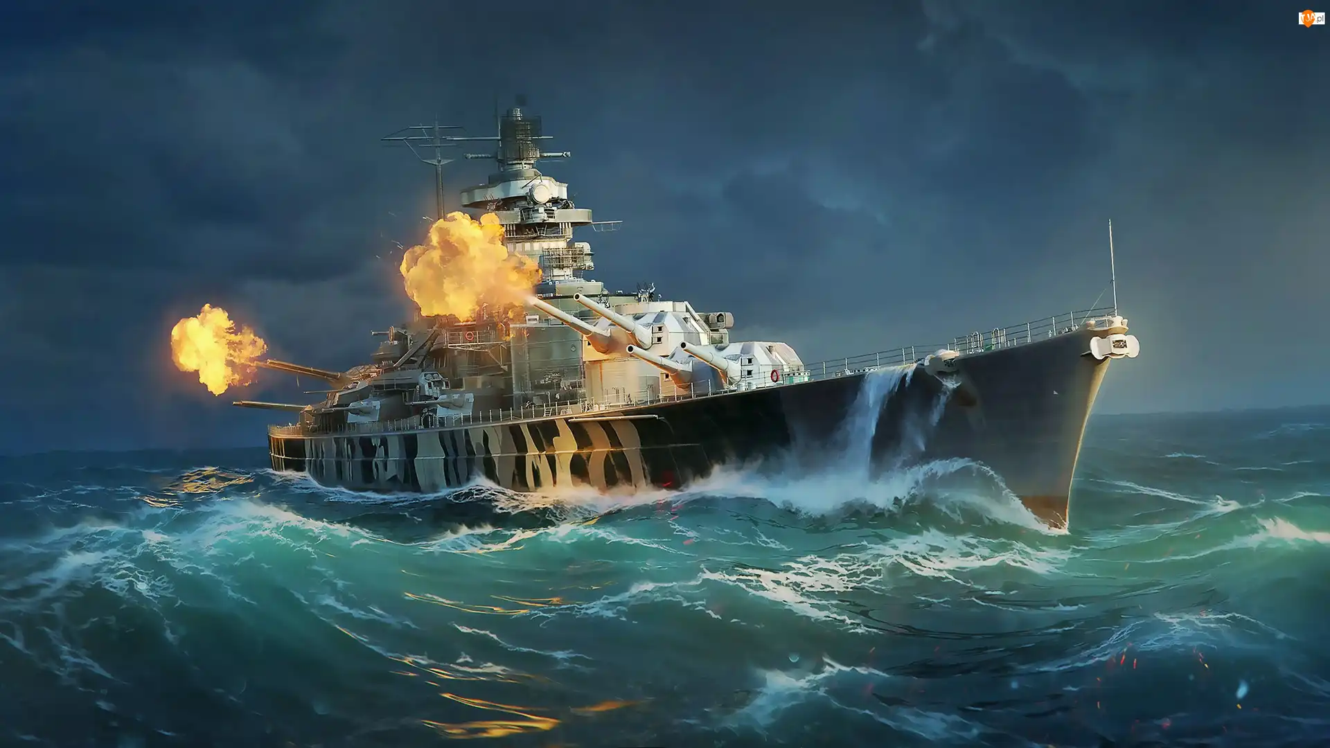 Pancernik, Działa, Ogień, Salwa, World of Warships, Ocean, Tirpitz, Gra, Strzały, Okręt, Fale