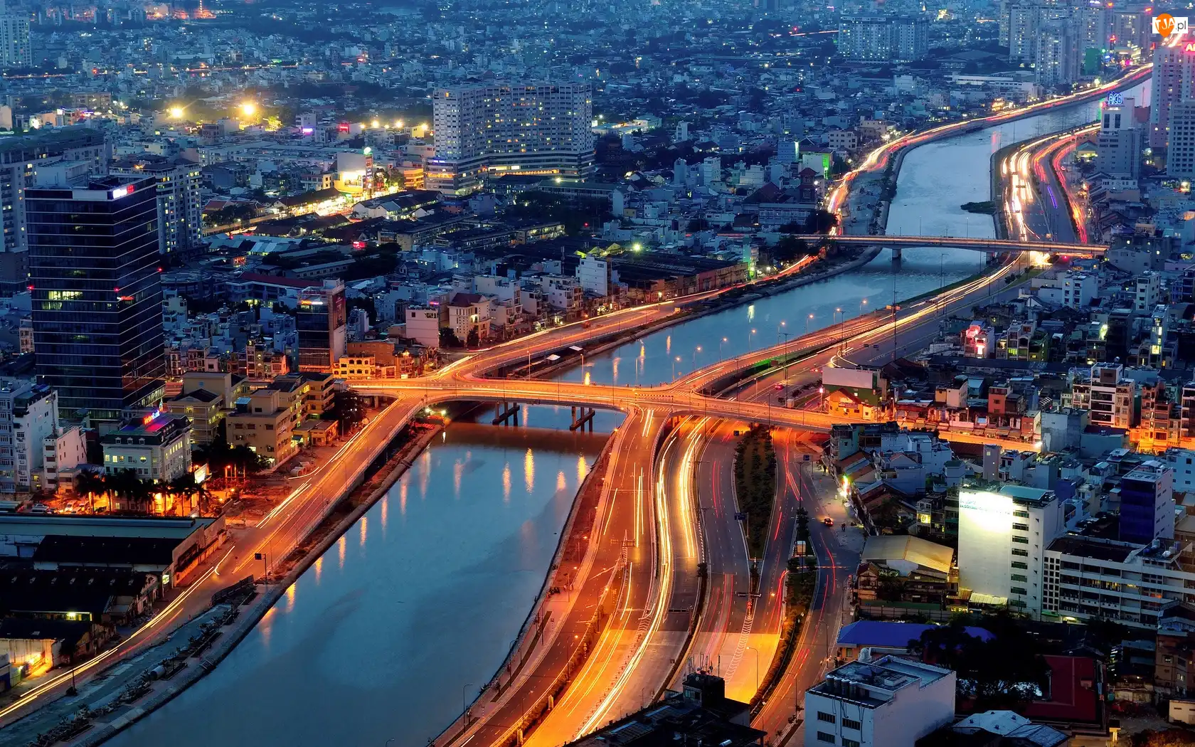 Miasto, Noc, Ho Chi Minh, Wietnam, Rzeka