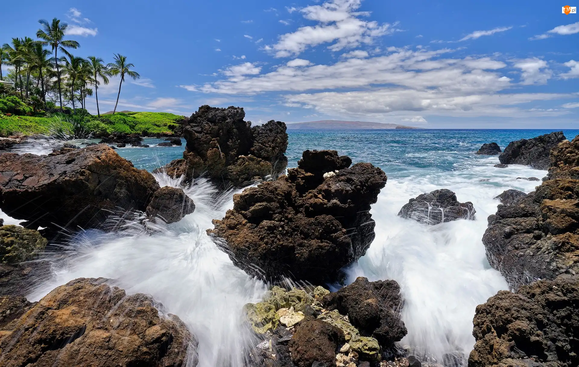 Wyspa Maui, Morze, Chmury, Hawaje, Palmy, Skały, Fale
