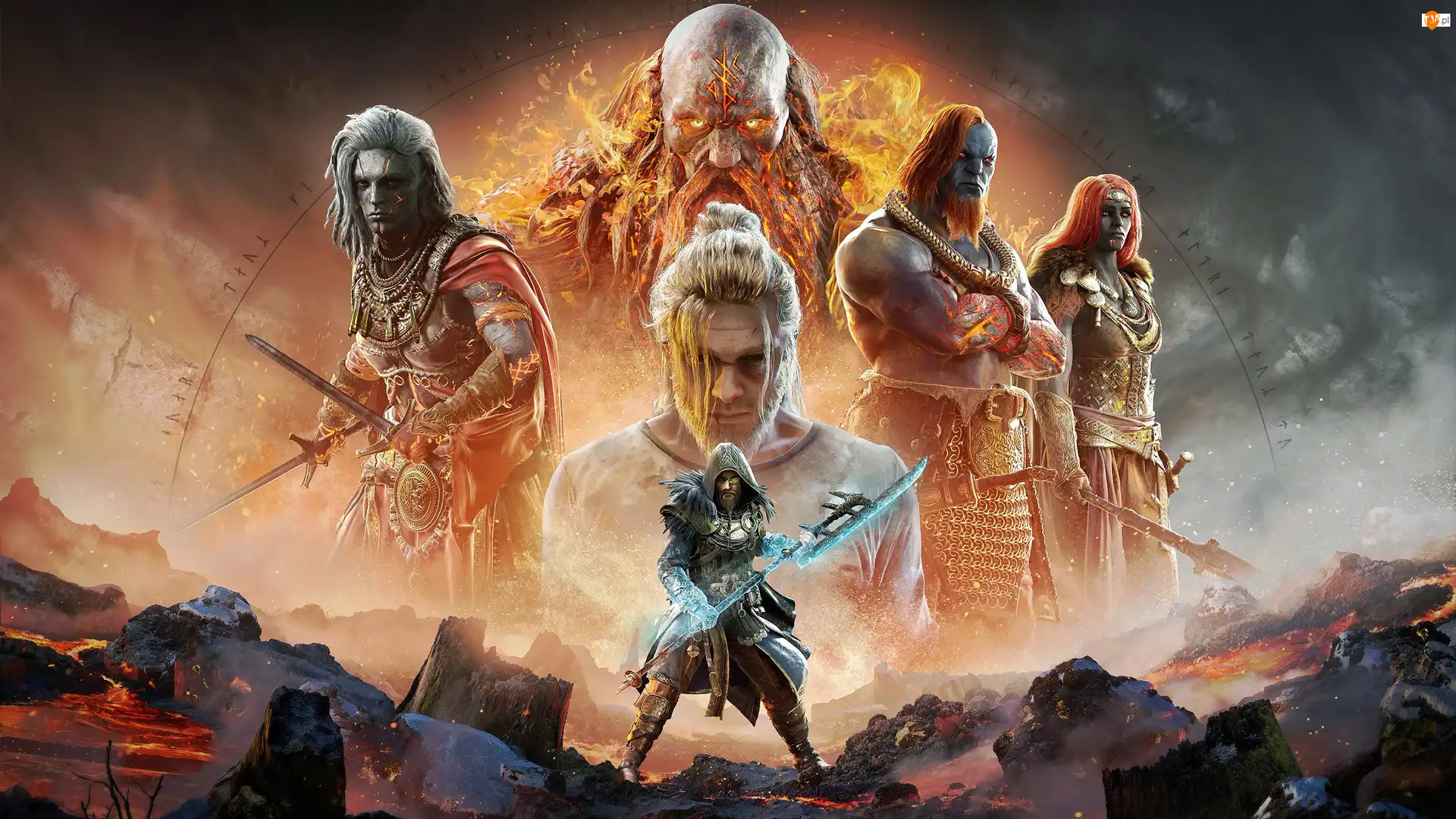 Miecze, Gra, Skały, Topór, Assassins Creed Valhalla Dawn of Ragnarok, Ogień, Plakat, Postacie