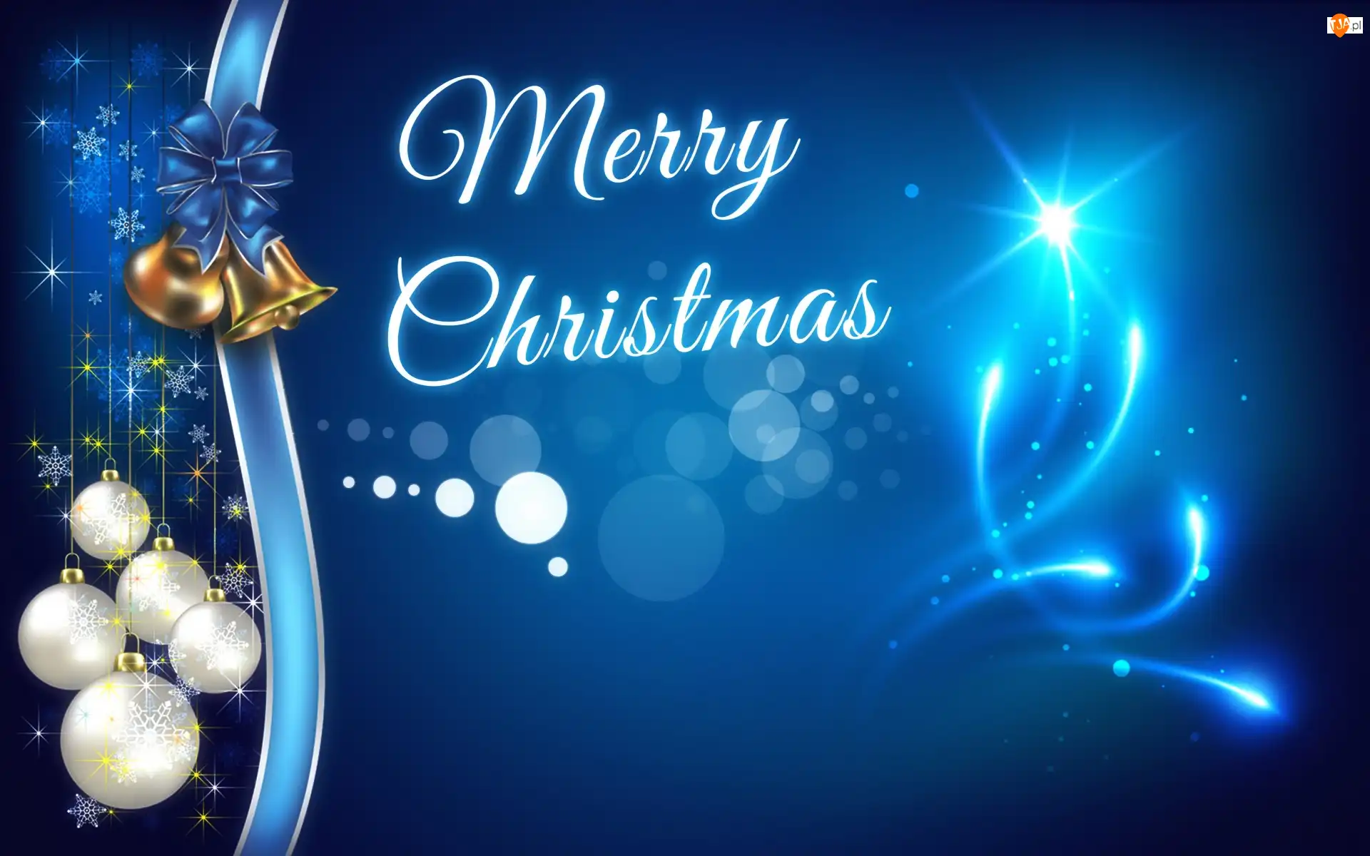 Merry Christmas, Boże Narodzenie, Wstążki, Grafika, Dzwony, Napis, Niebieskie tło, Bombki