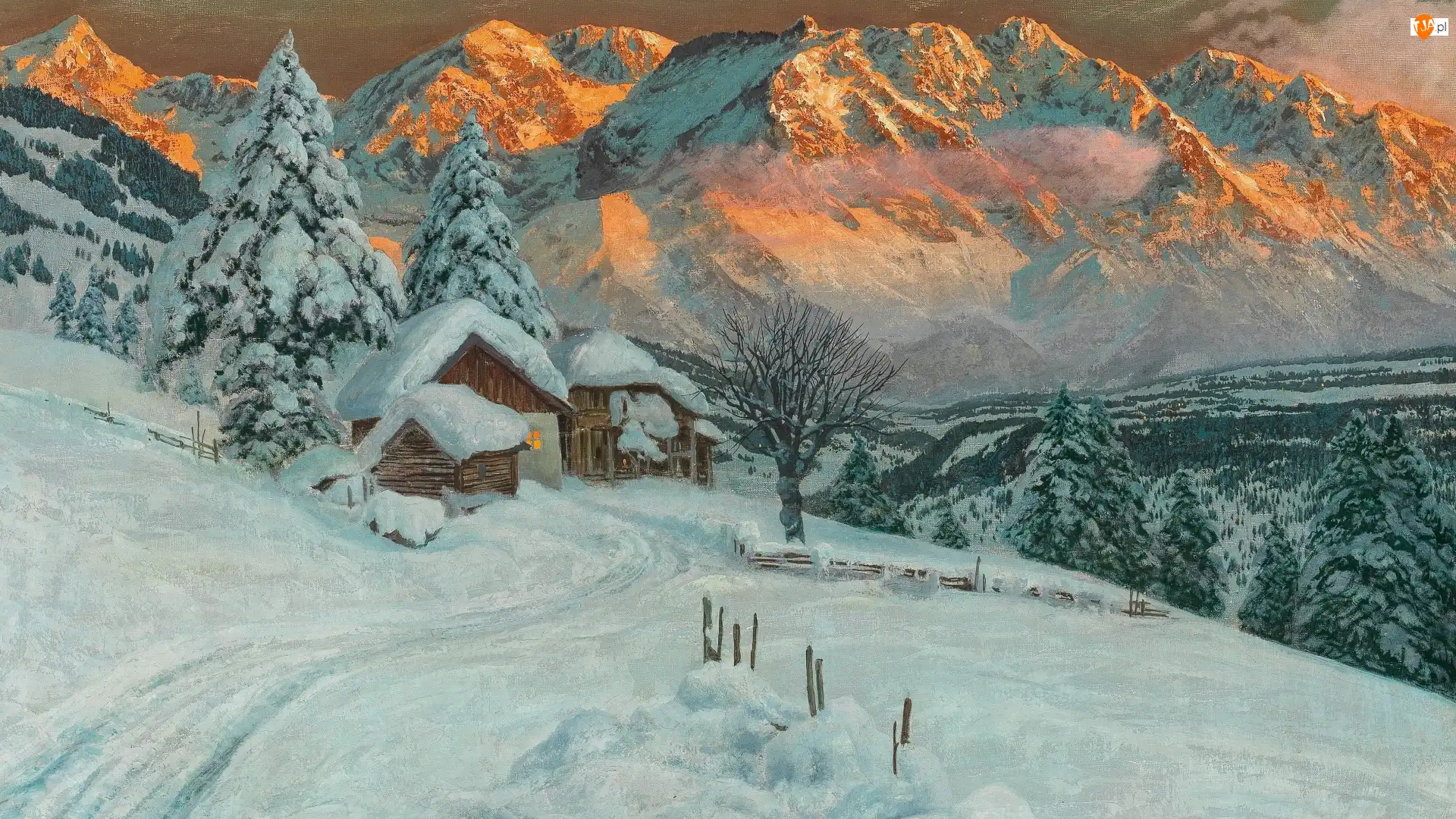 Obraz, Alois Arnegger, Domy, Malarstwo, Drzewa, Góry, Zima