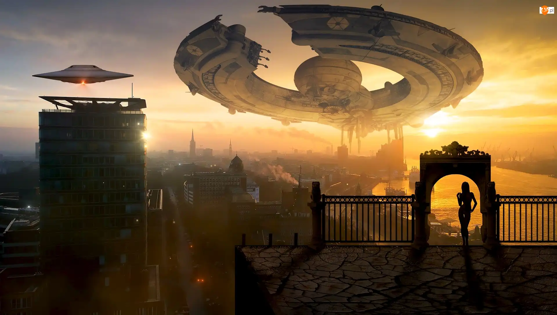 Miasto, Fantasy, Brama, Zachód słońca, Statki kosmiczne, Kobieta