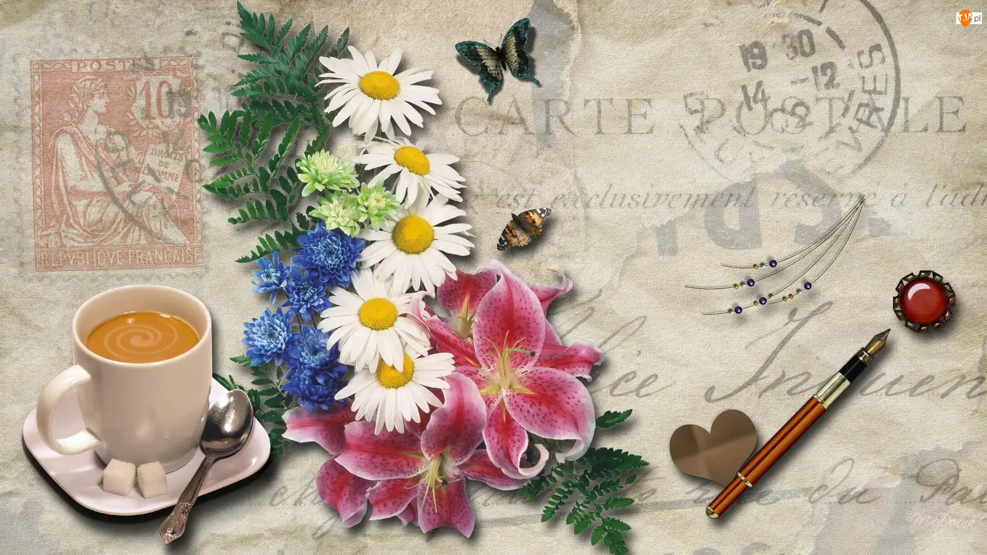 2D, Kawa, Motyl, Pióro, Stempel, Kwiaty, Lilie, Filiżanka, Długopis