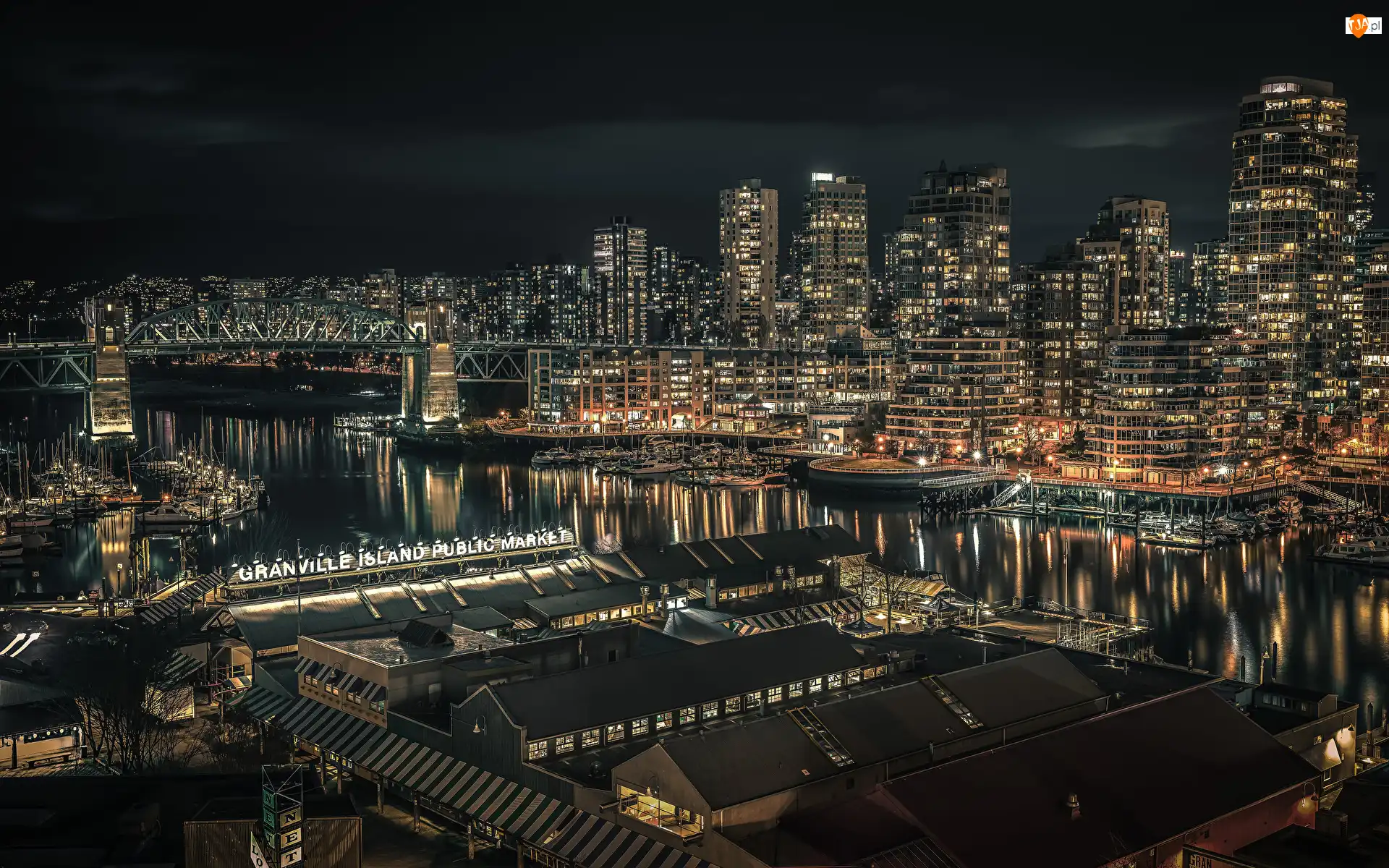 Miasto nocą, Noc, Rzeka, Vancouver, Oświetlenie, Statki, Kanada, Budynki