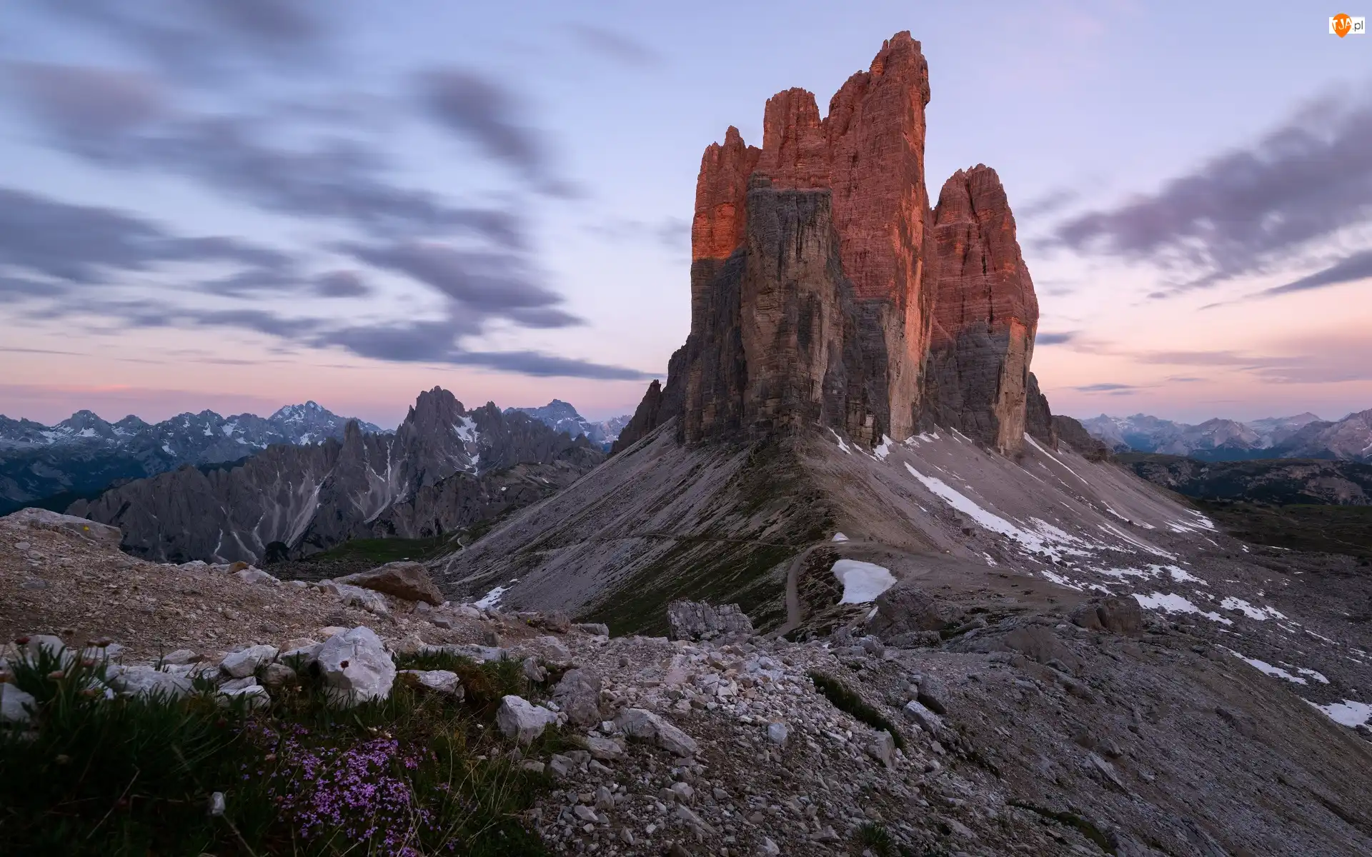 Góry, Dolomity, Tre Cime di Lavaredo, Włochy, Masyw, Zachód słońca