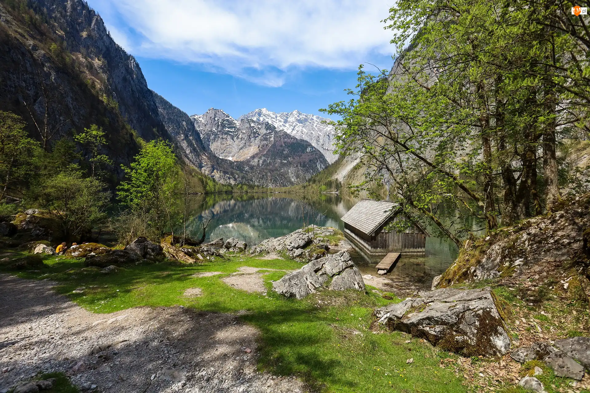 Park Narodowy Berchtesgaden, Drewniana, Góry, Bawaria, Chata, Jezioro Konigssee, Niemcy, Drzewo