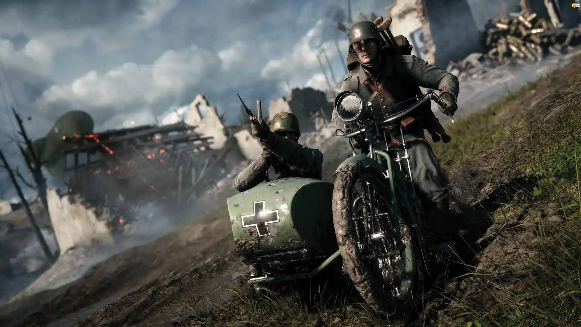 Motocykl, Żołnierze, Battlefield 1, Gra, Ruiny