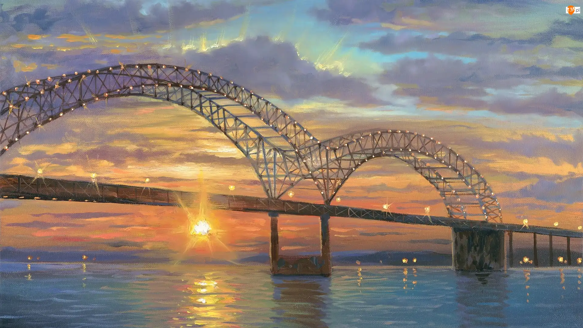 Malarstwo, Stany Zjednoczone, Most Hernando de Soto Bridge, Robert Finale, Stan Tennessee, Rzeka Missisipi, Wschód słońca, Memphis