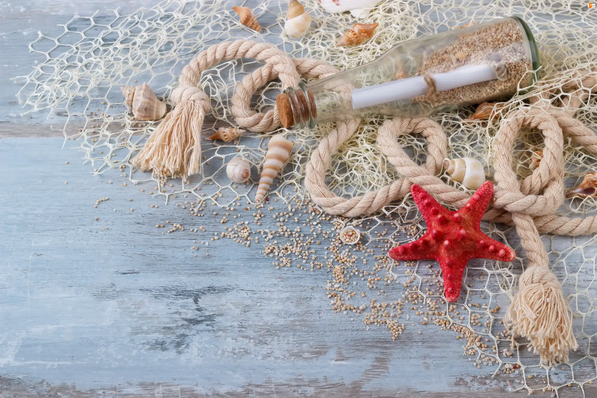 Muszelki, Butelka, Rozgwiazda, Kompozycja, Sznur