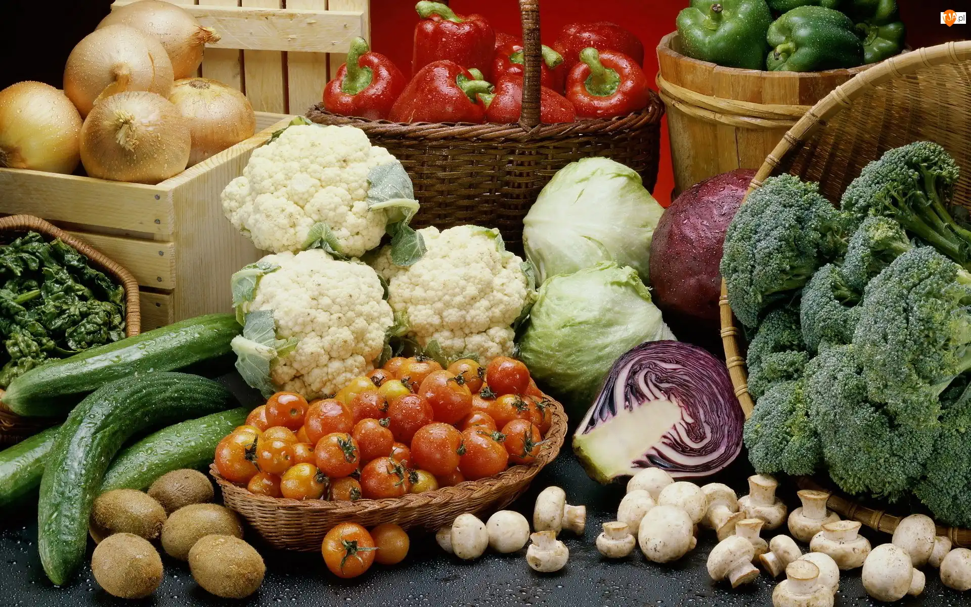 Papryka, Kapusta, Czerwona, Pieczarki, Cebula, Warzywa, Brokuły, Kalafiory, Pomidory, Ogórki