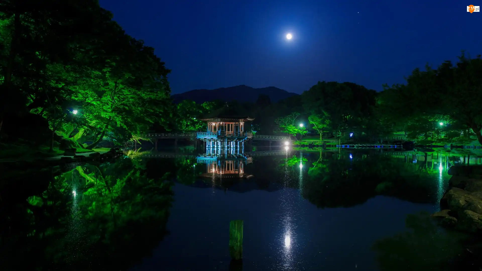 Odbicie, Księżyc, Noc, Staw, Wyspa Honsiu, Japonia, Nara Park, Miasto Nara, Altana Ukimido Pavilion, Drzewa