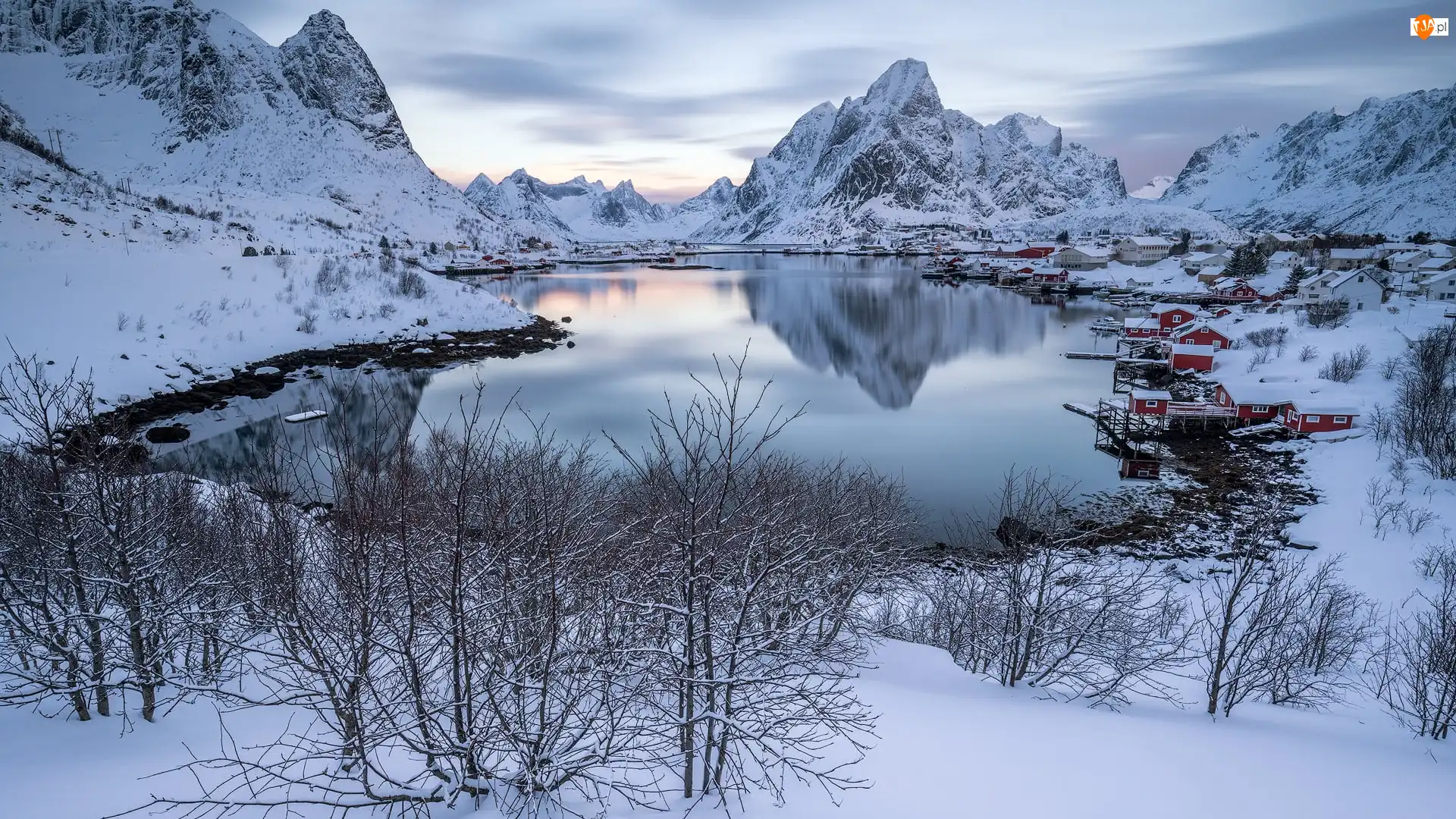 Domy, Norwegia, Wieś Reine, Góry, Lofoty, Morze Norweskie Zima, Drzewa, Wyspa Moskenesoya