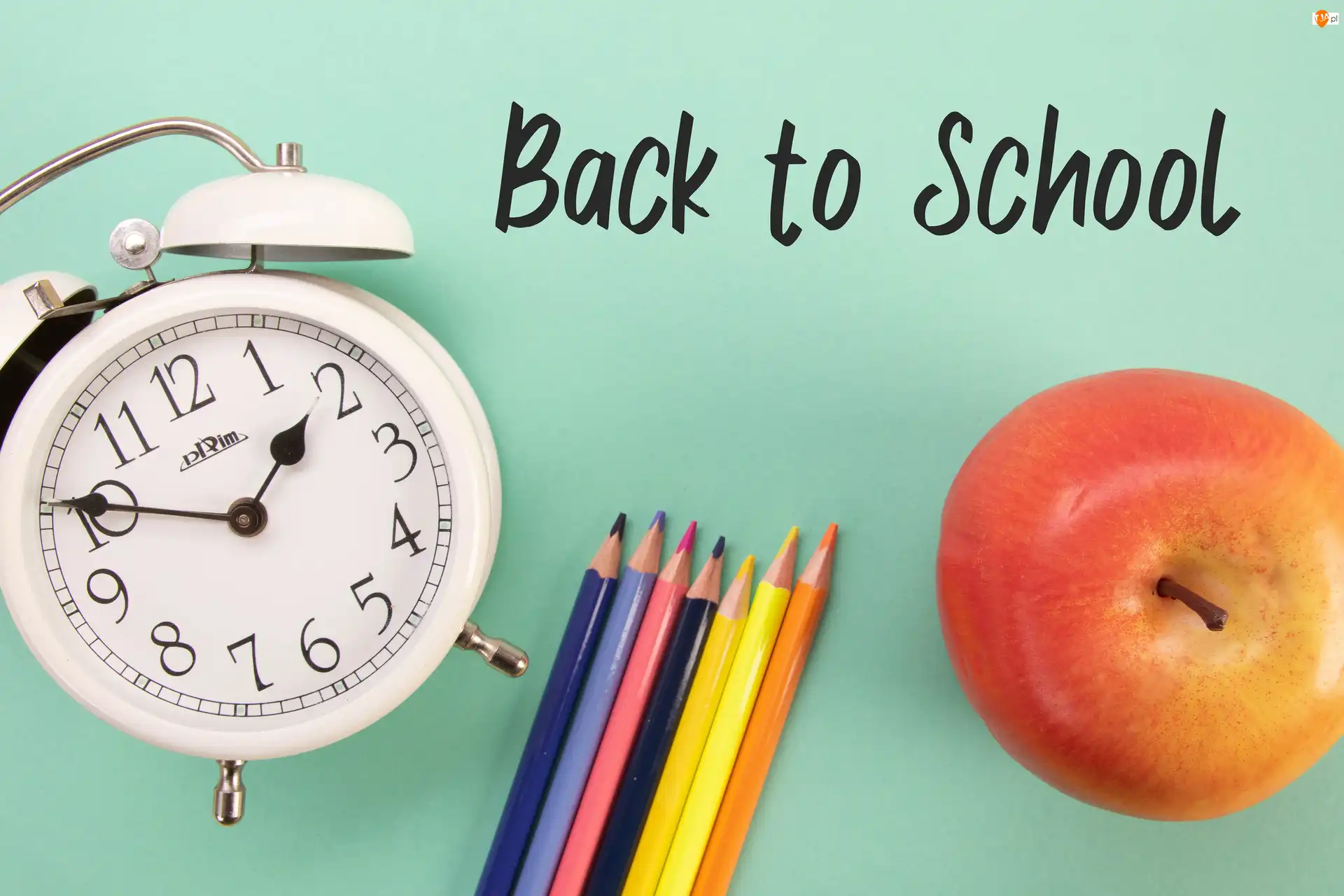 Budzik, Zegar, Jabłko, Back to School, Kredki, Napis