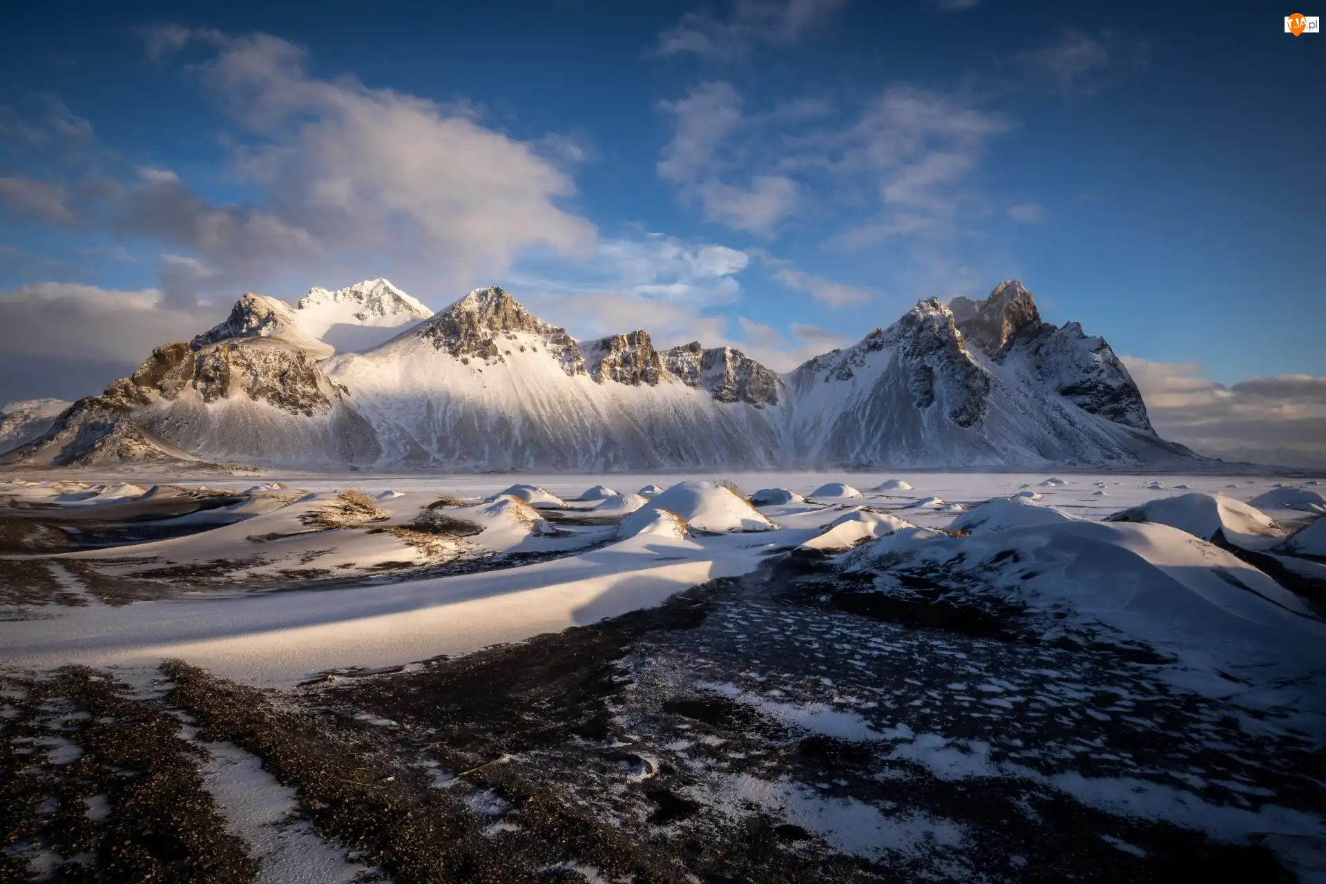 Góra Vestrahorn, Islandia, Śnieg, Zima
