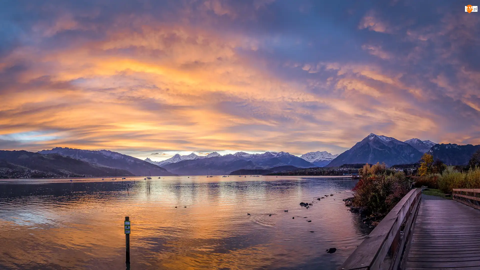 Szwajcaria, Jezioro, Kanton Berno, Pomost, Krzewy, Thunersee, Góry, Zachód słońca, Alpy Berneńskie