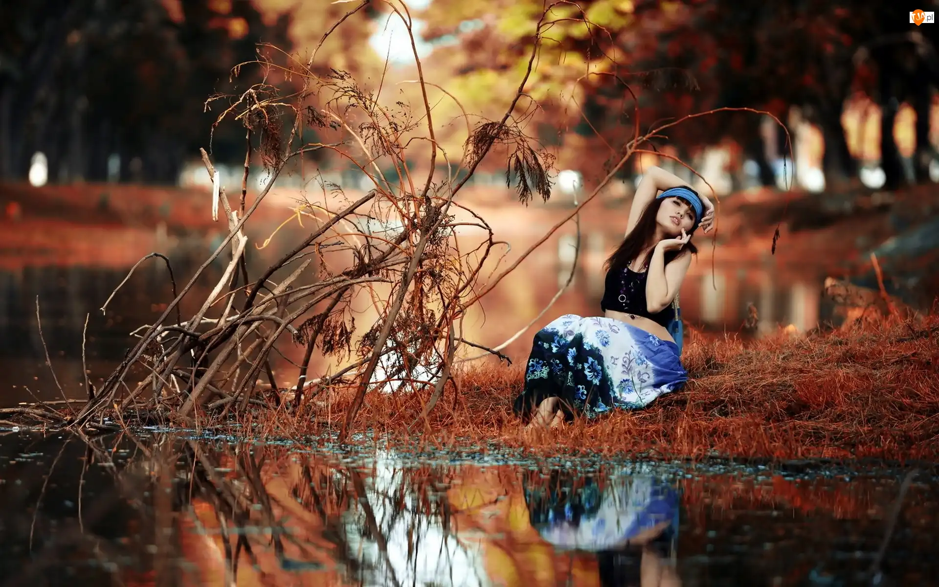 Gałęzie, Modelka, Rzeka, Park, Sesja, Suche, Jesień, Zdjęciowa