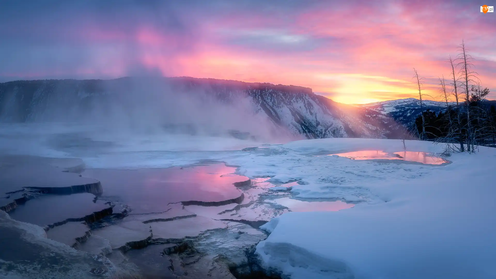 Zima, Stany Zjednoczone, Góry, Park Narodowy Yellowstone, Wschód słońca