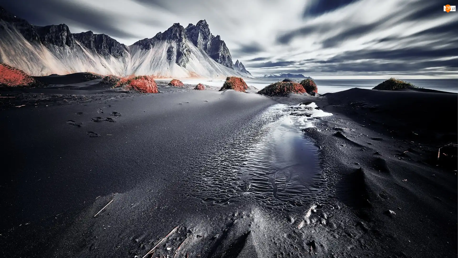 Góry, Góra Vestrahorn, Ciemny, Islandia, Plaża Stokksnes, Piasek