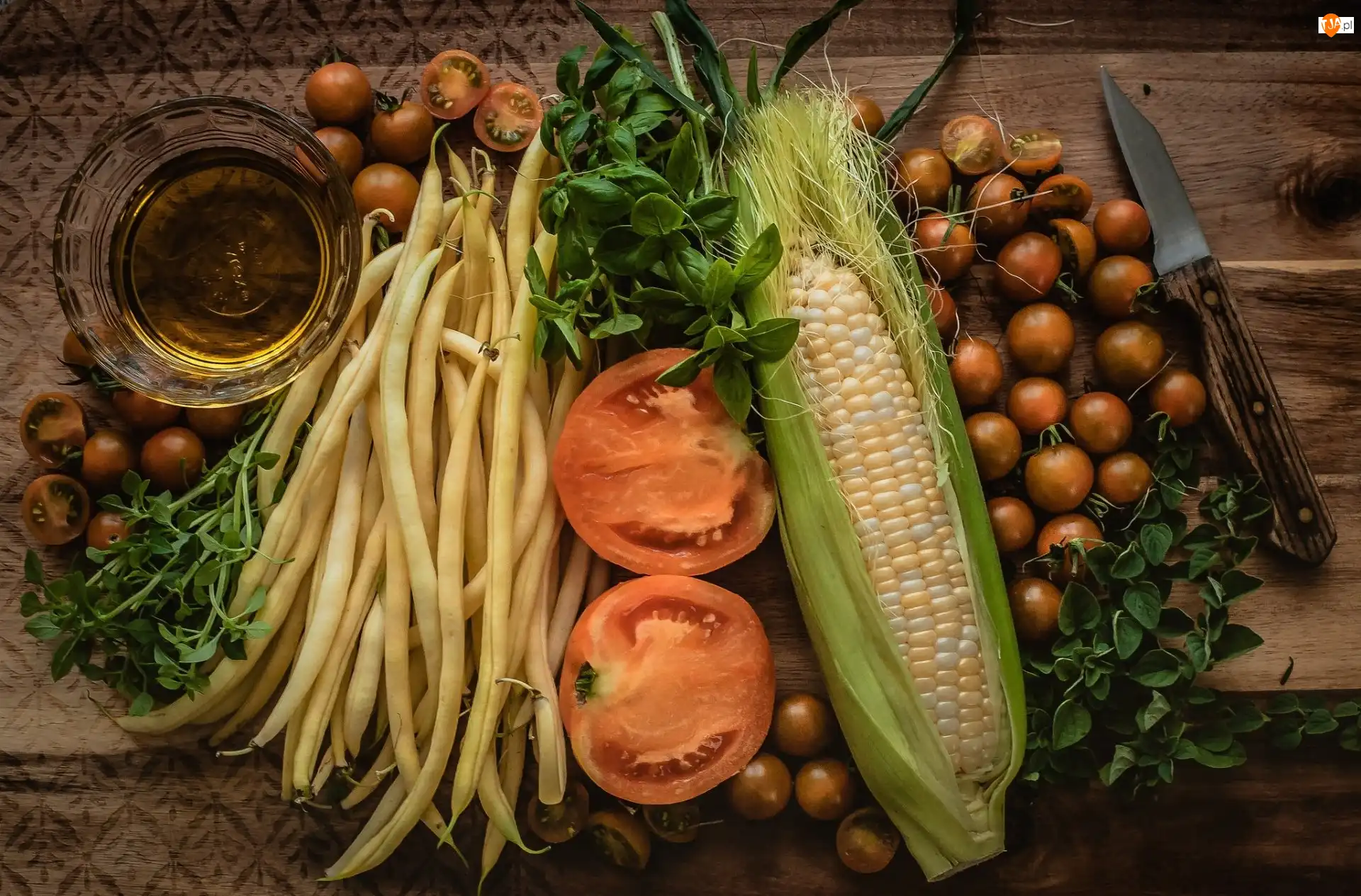 Fasolka, Pomidory, Szklaneczka, Warzywa, Nóż, Kukurydza, Kolba