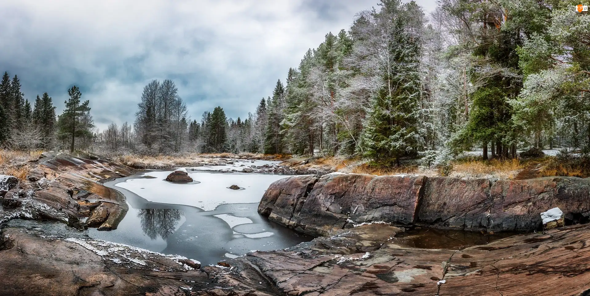 Koitelin, Rzeka Kiiminkijoki, Drzewa, Finlandia, Skały, Las, Kamienie