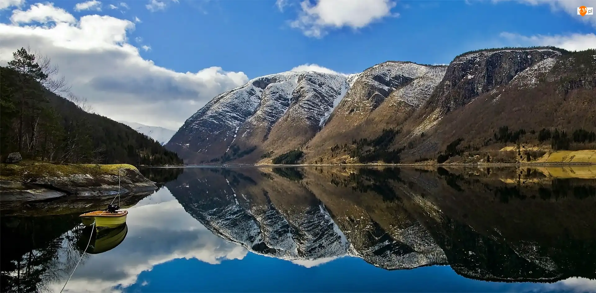 Las, Góry, Łódka, Odbicie, Ulvikfjord, Obłoki