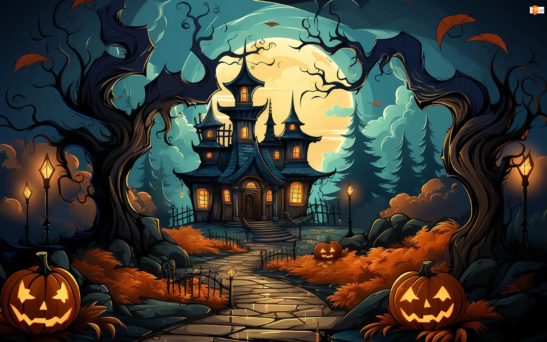 Droga, Grafika, Księżyc, Dynie, Halloween, Drzewa, Zamek, Noc