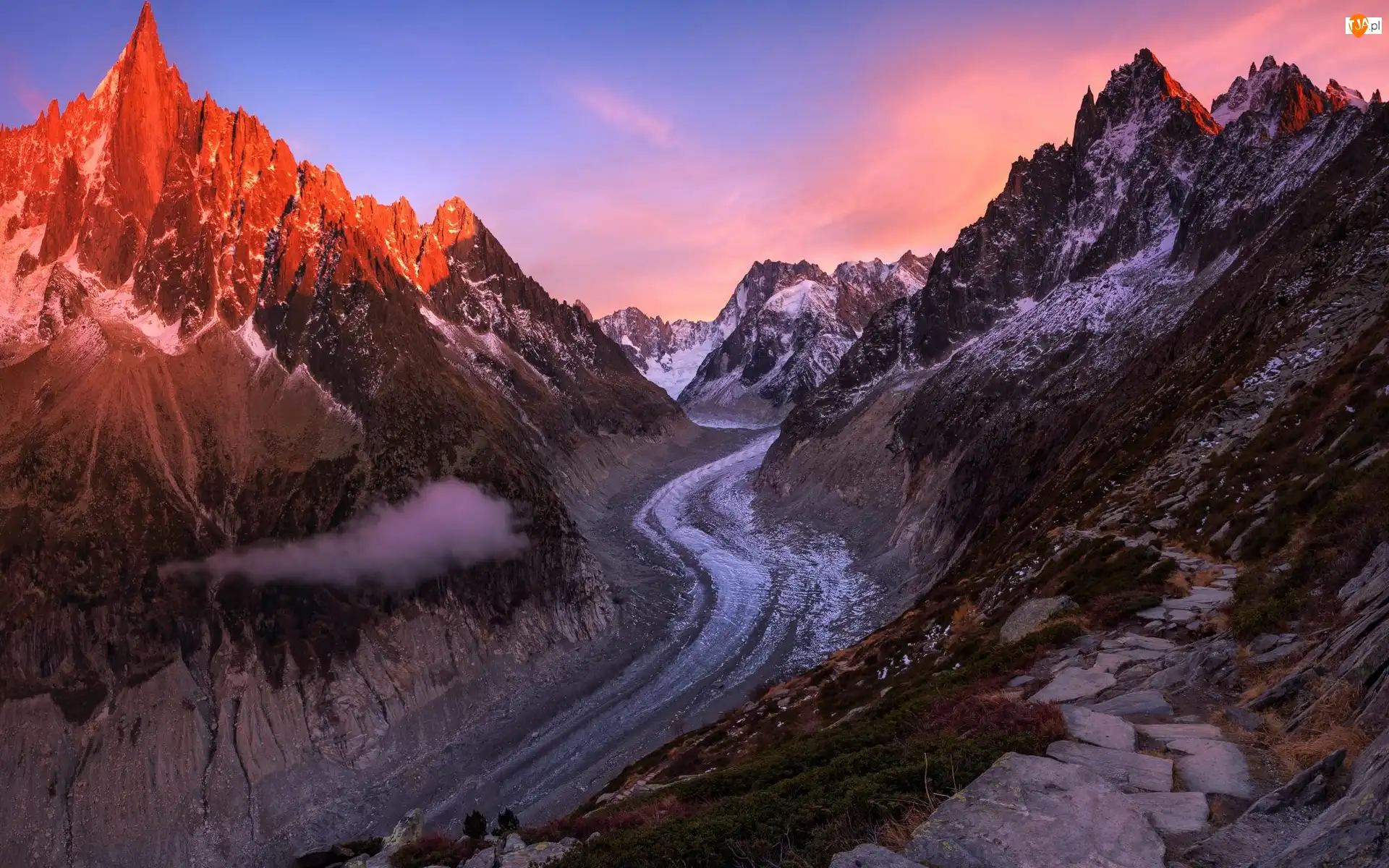 Mer de Glace, Góry, Mont Blanc, Zachód słońca, Alpy, Lodowiec, Francja, Masyw
