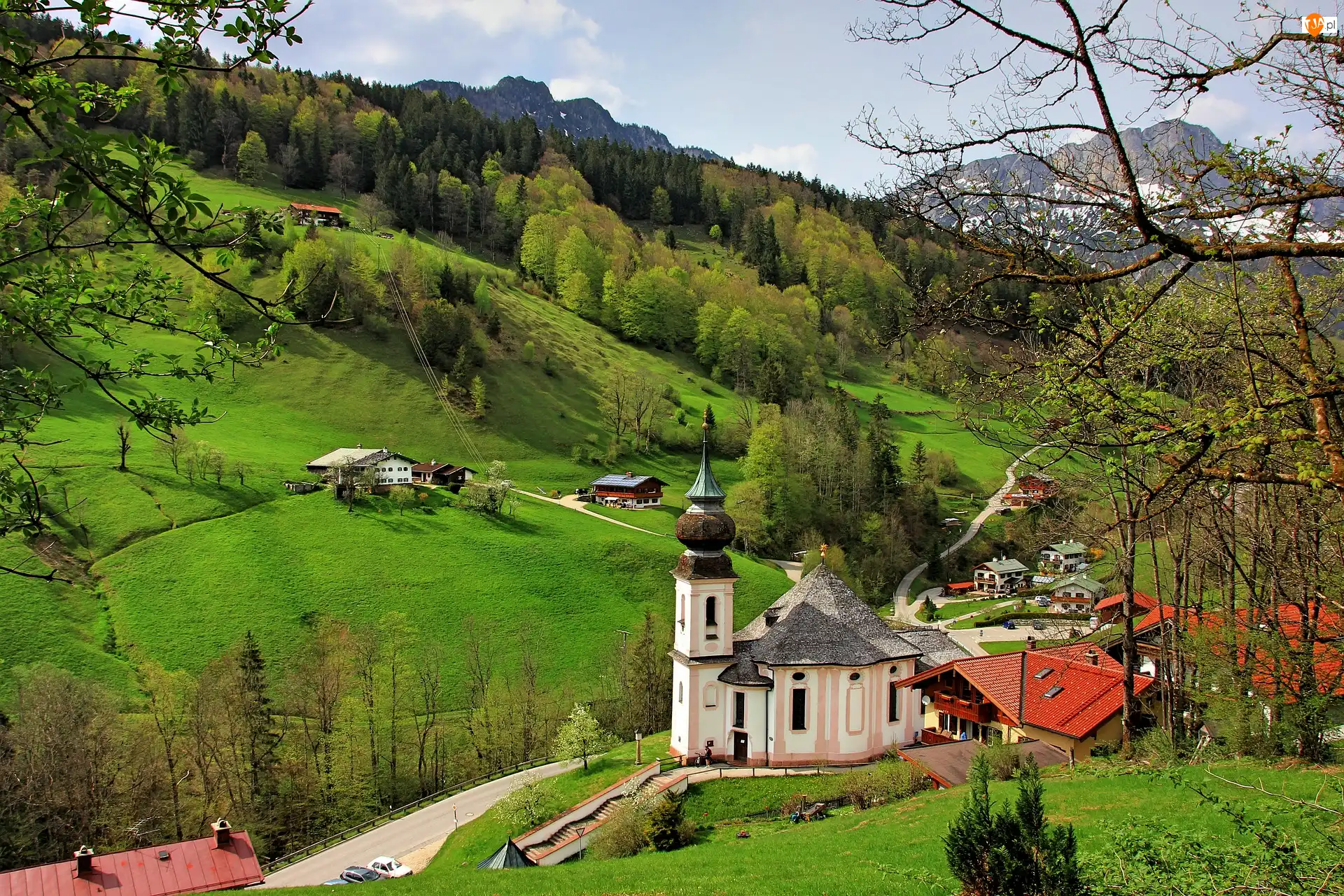 Niemcy, Sanktuarium Maria Gern, Bawaria, Drzewa, Berchtesgaden, Góry, Alpy Salzburskie, Kościół, Lasy