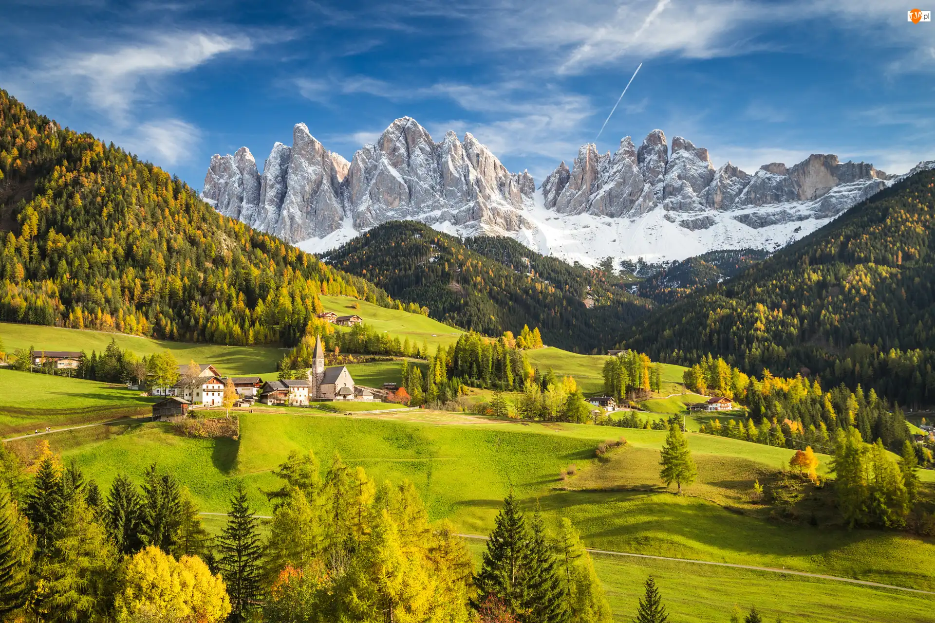 Drzewa, Dolomity, Lasy, Góry, Masyw Odle, Dolina Val di Funes, Wieś Santa Maddalena, Włochy, Jesień