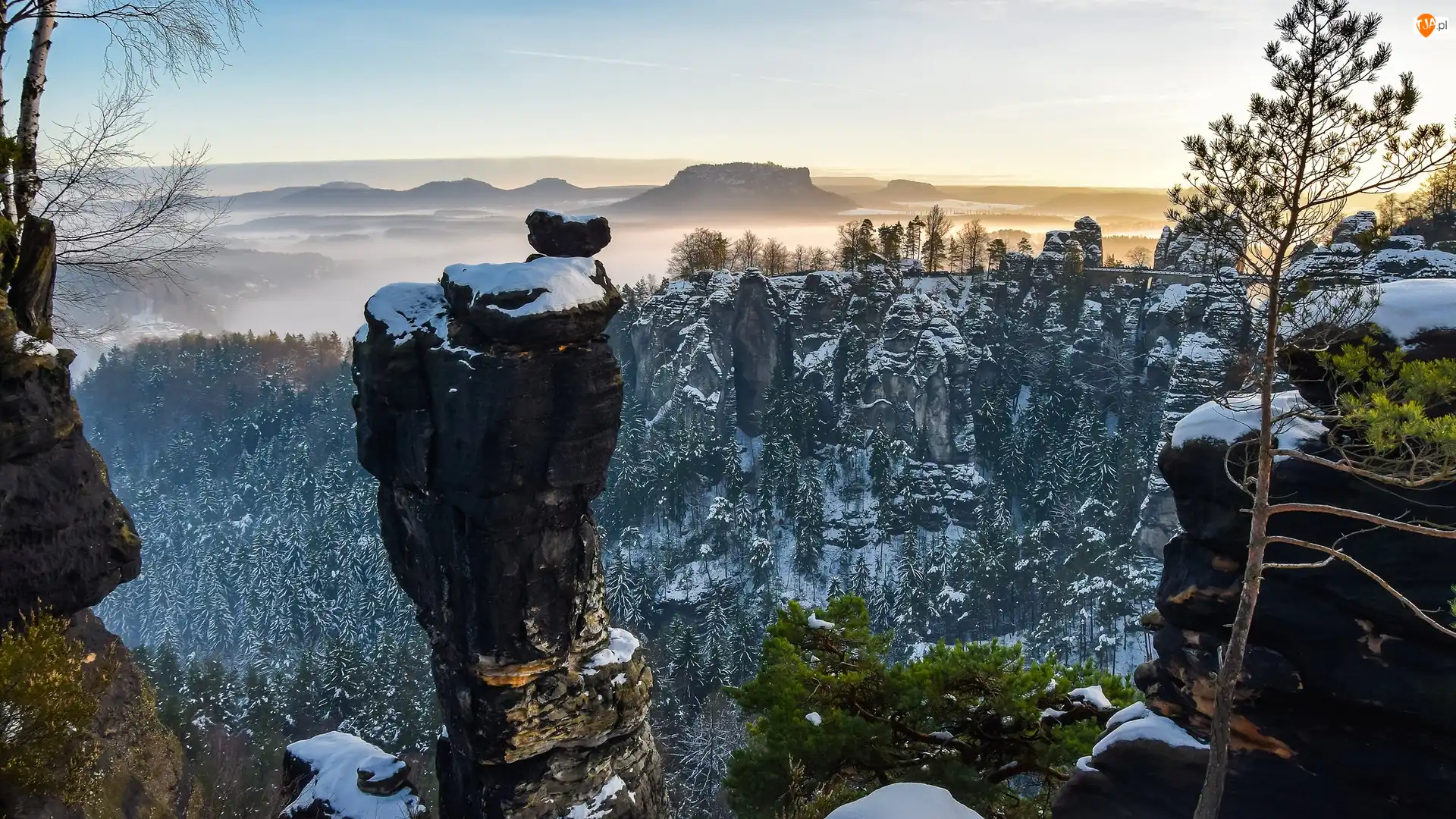 Formacja Bastei, Góry Połabskie, Śnieg, Park Narodowy Saskiej Szwajcarii, Skały, Most, Niemcy, Drzewa