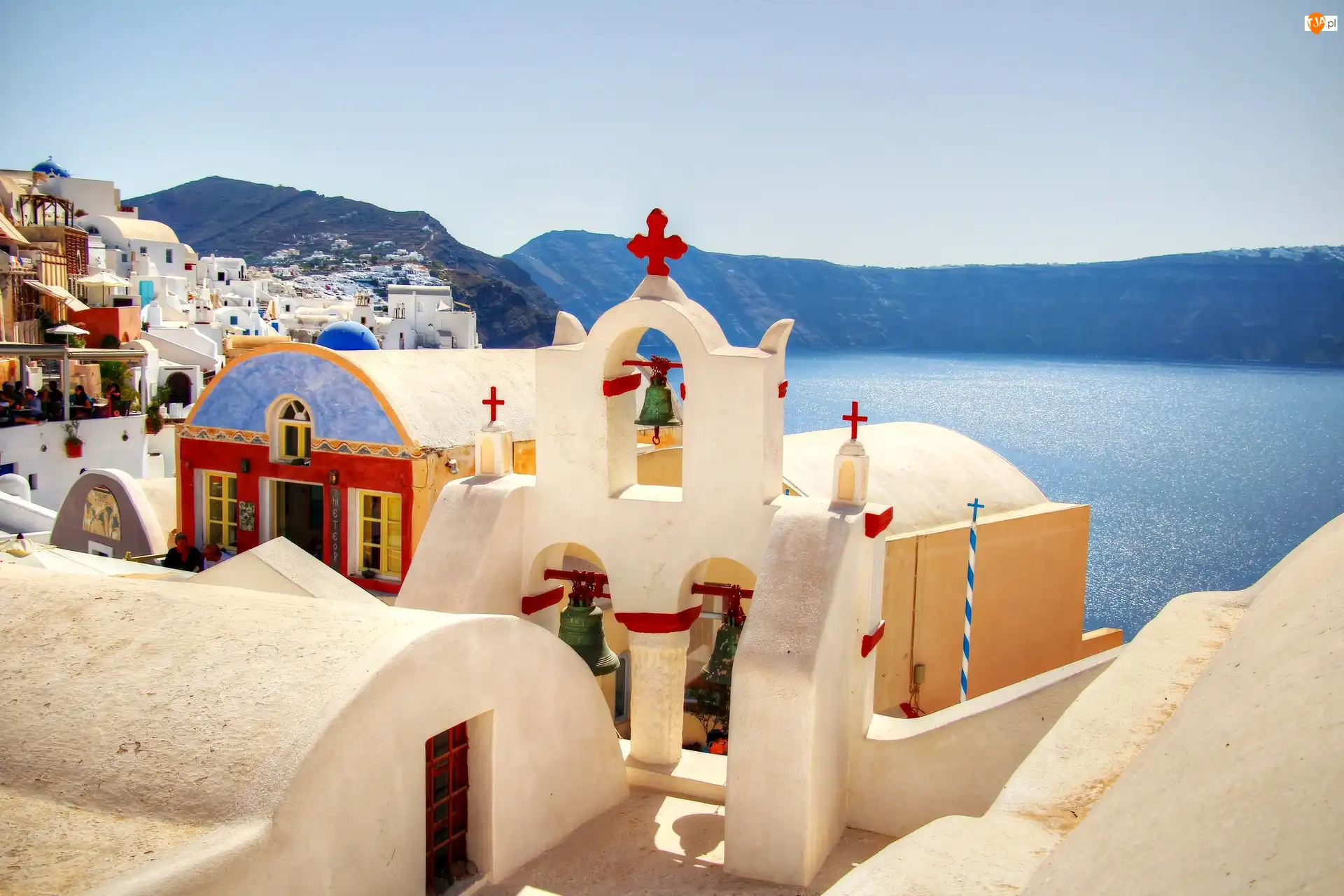 Morze, Kościoły, Santorini, Grecja, Góry