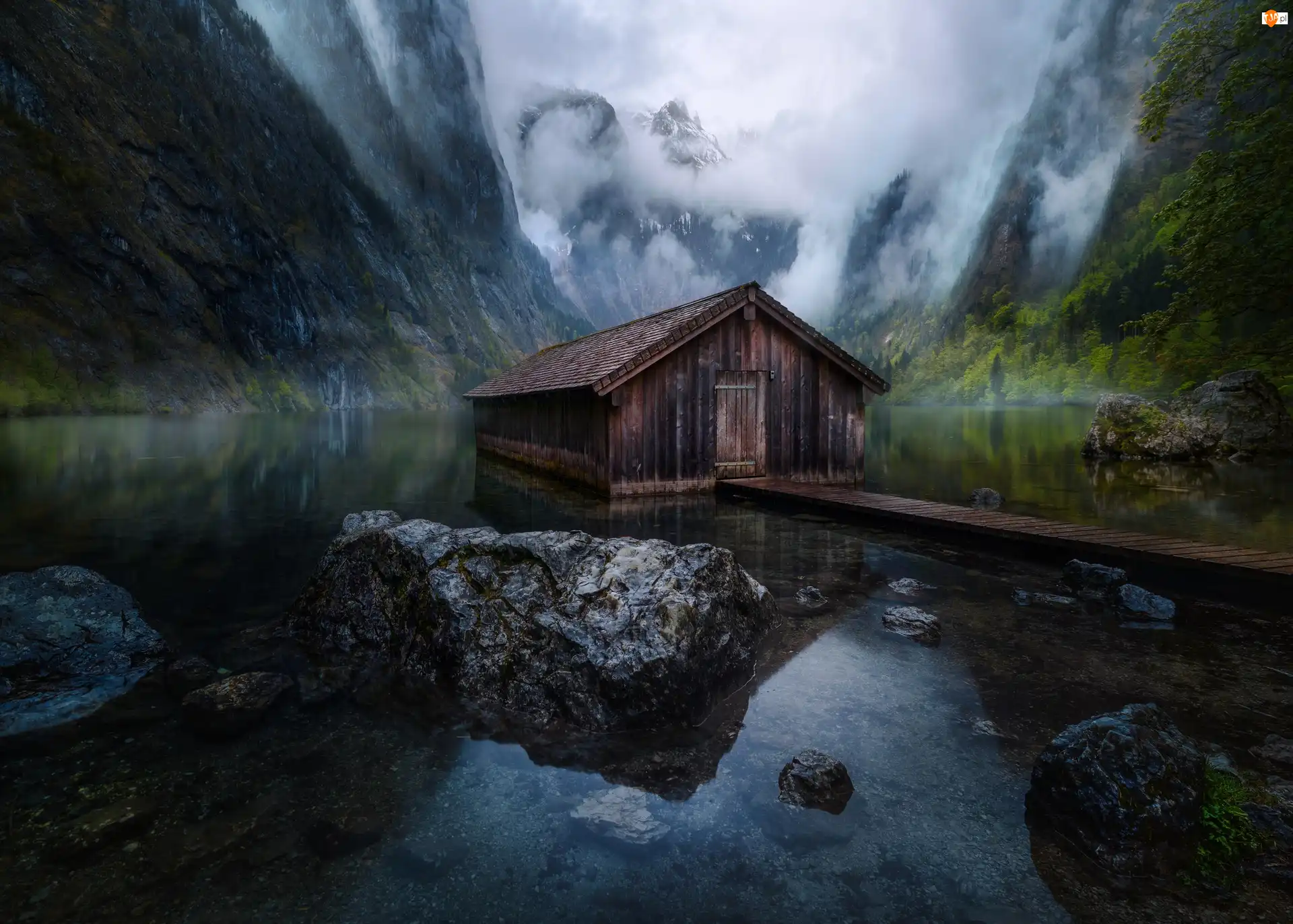Mgła, Kładka, Kamienie, Drewniany, Bawaria, Niemcy, Jezioro Konigssee, Park Narodowy Berchtesgaden, Domek, Góry