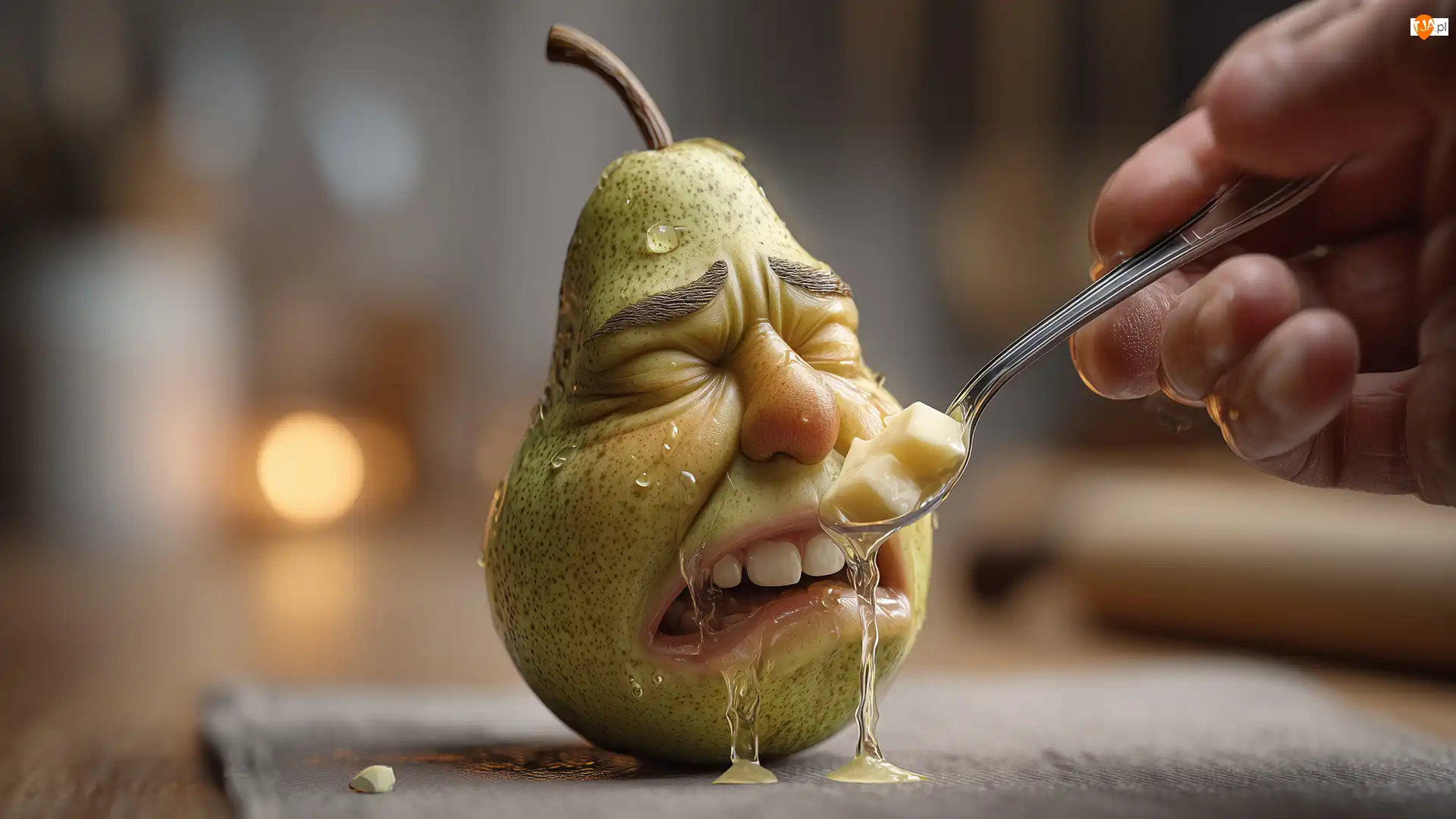 Płacz, Gruszka, Syrop, Grafika AI, Łyżeczka, Ręka