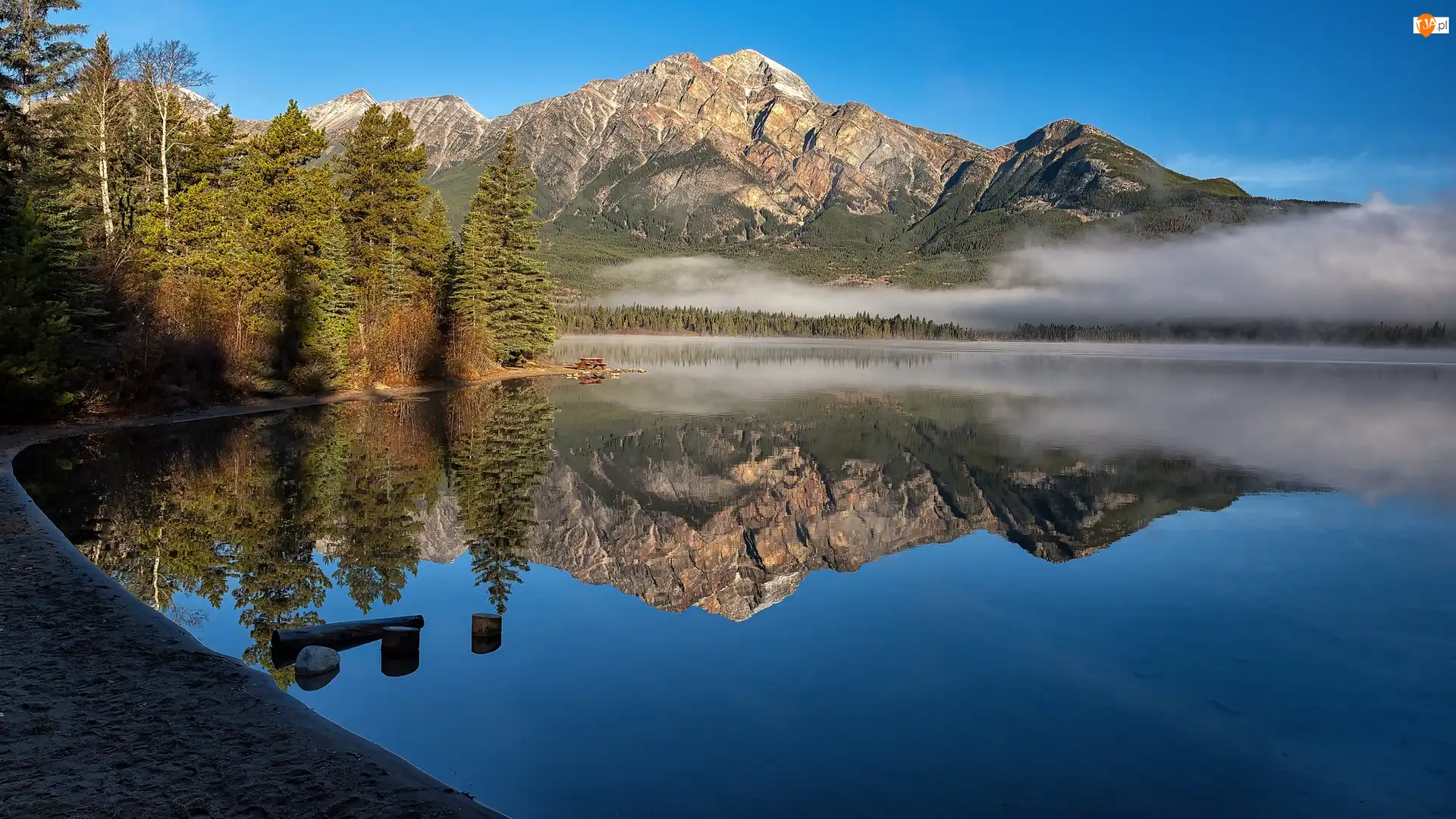 Jezioro, Góry, Drzewa, Kanada, Pyramid Lake, Park Narodowy Jasper